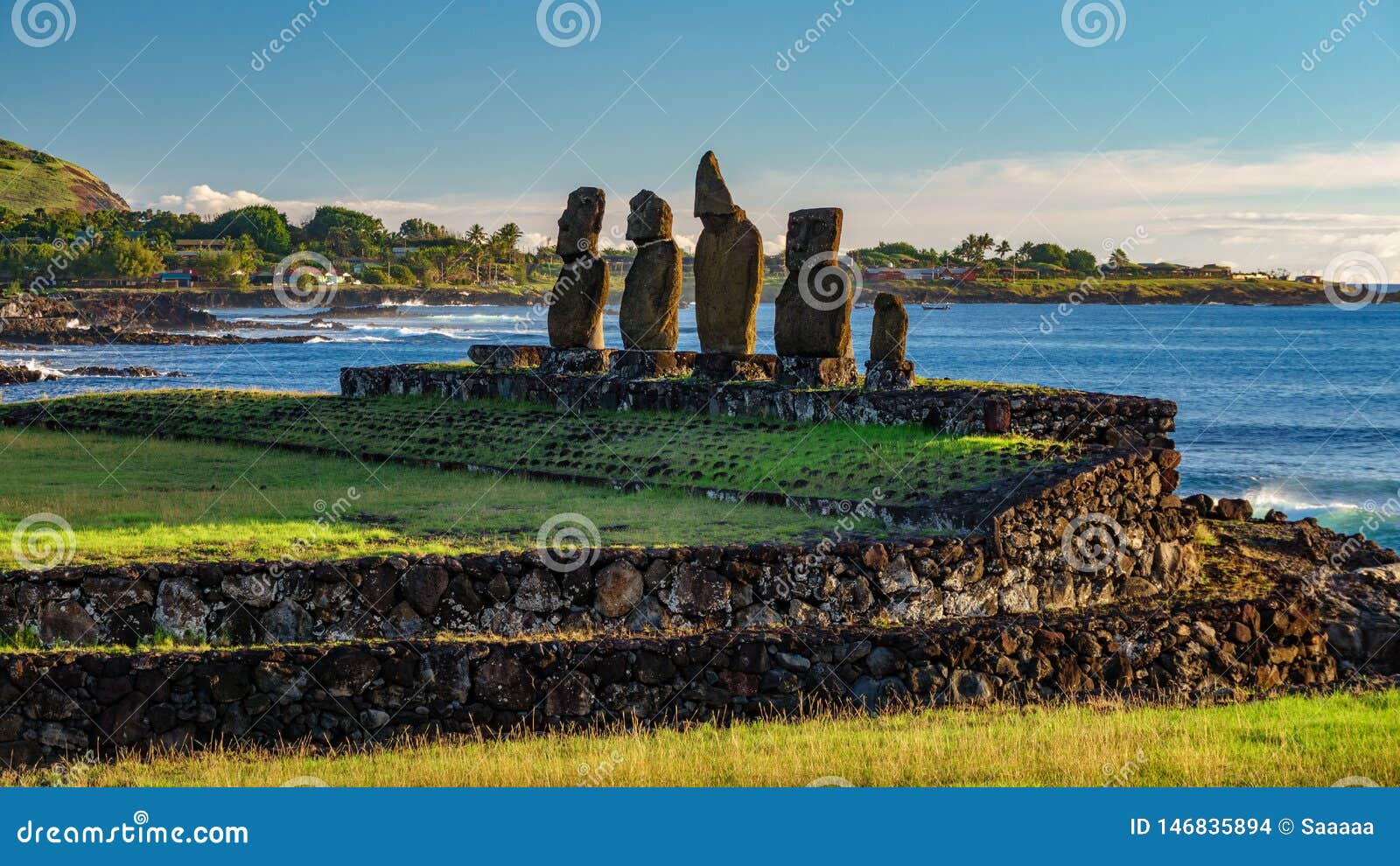 ahu tahai against ocean and hanga roa in rapa nui