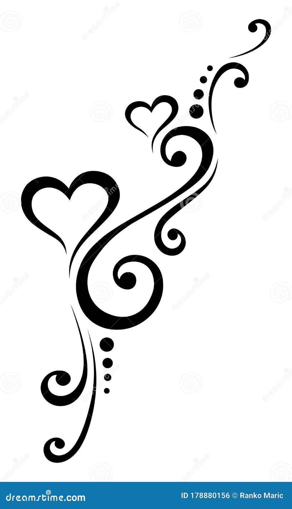black and white wedding card decoration with curly lines and two hearts