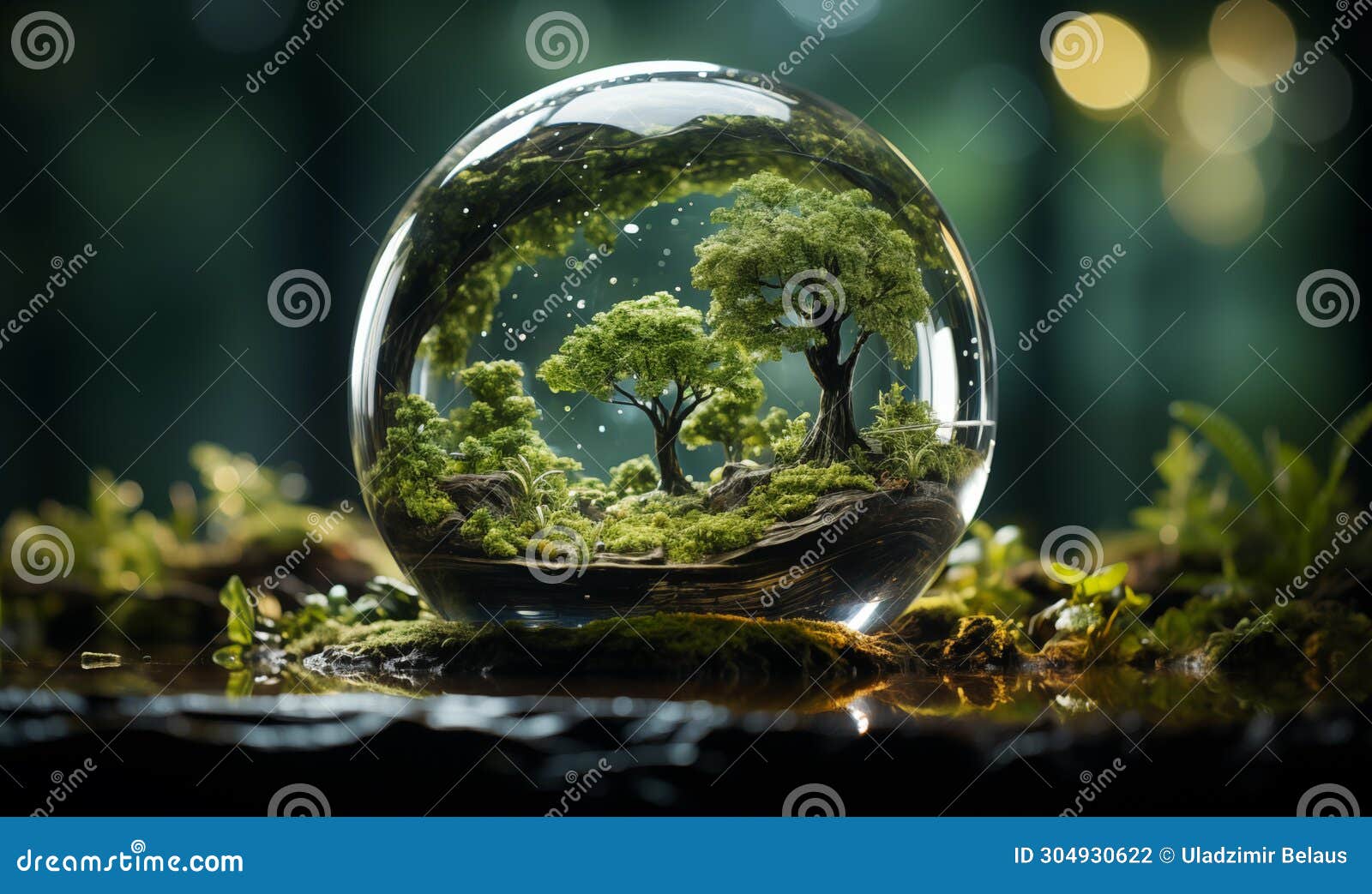 ai beautiful and real image of a glass ball with trees, waterfalls and grass