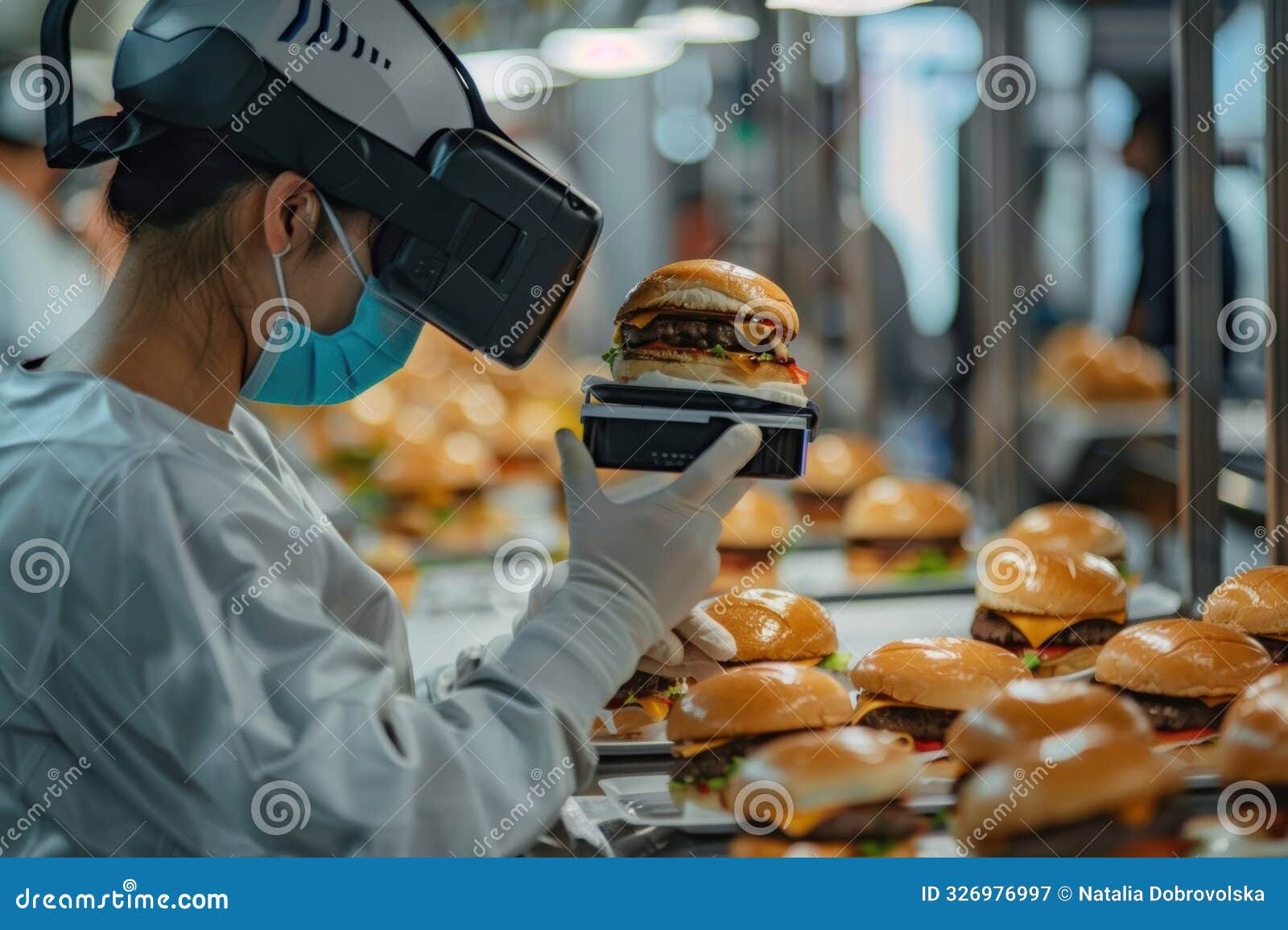 ai burger production line showcasing new taste technology, futuristic food processing