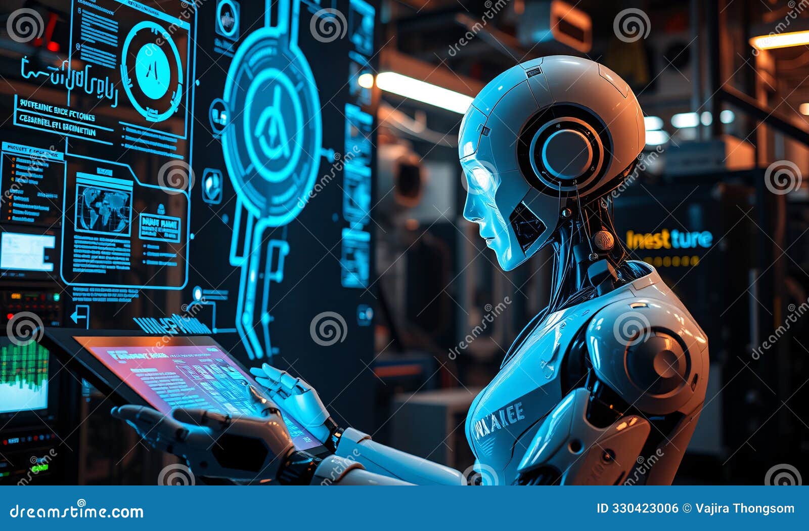 an ai chatbot in the form of a sleek, humanoid robot, engaged in a high-tech learning environment