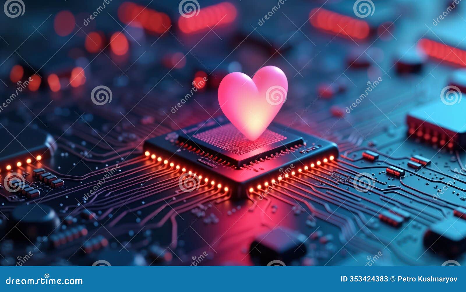 ai chip with heart. tech innovation. heart emotion. ai processing data. ai tech driving progress in industry. modern tech