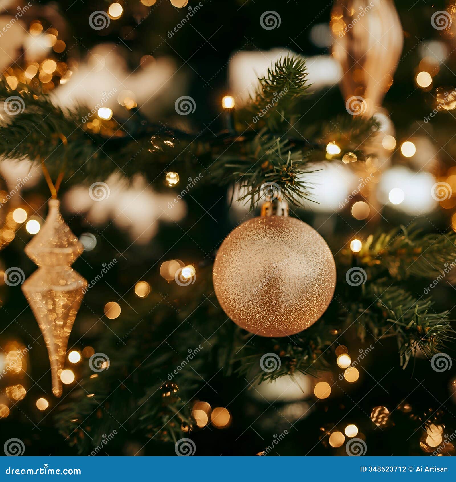ai christmas tree with lights, ornaments, and gold glitter ball