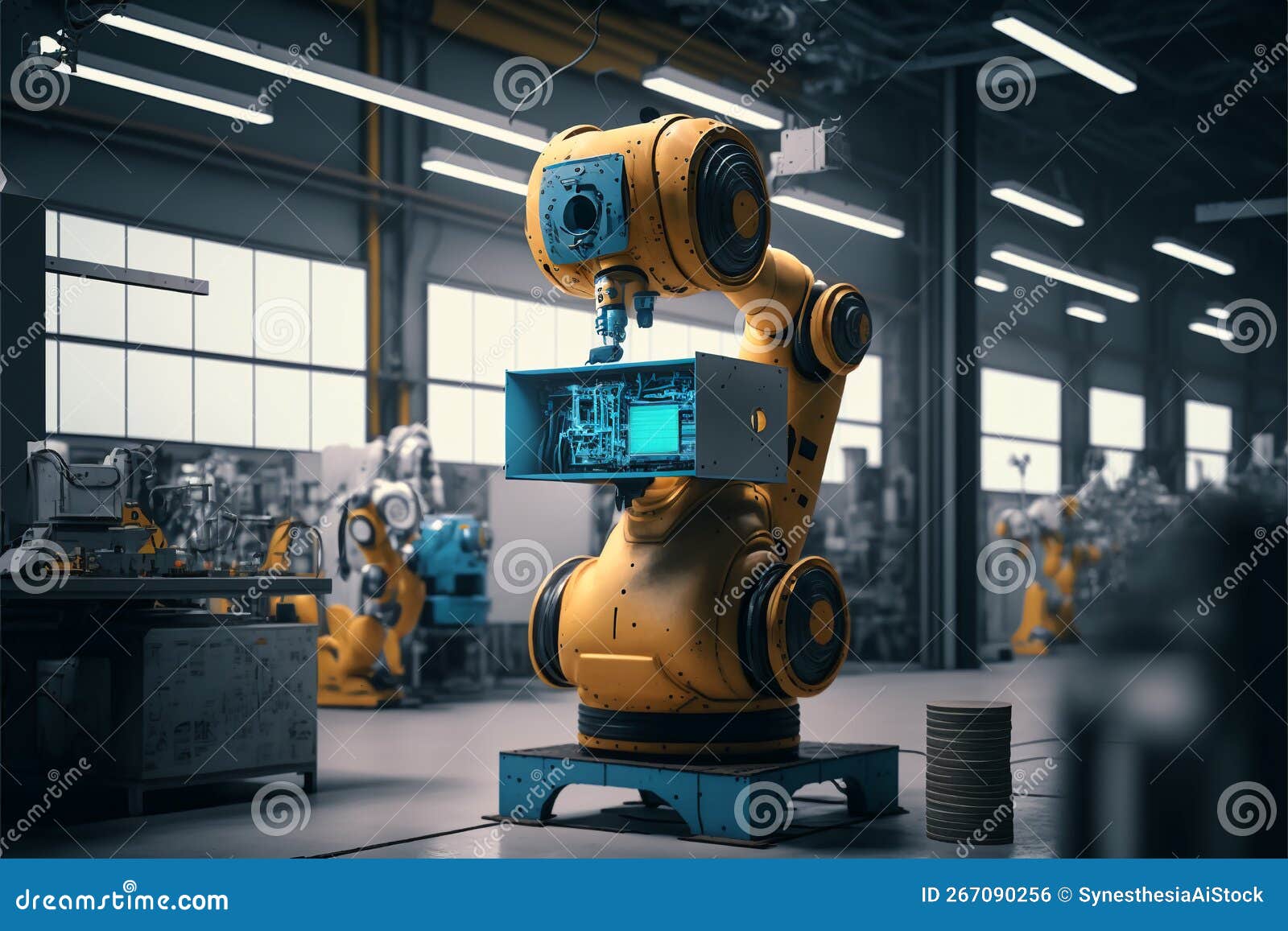 ai computer technology smart factory, industry 4.0, m2m computer aided manufacturing , robot working in factory