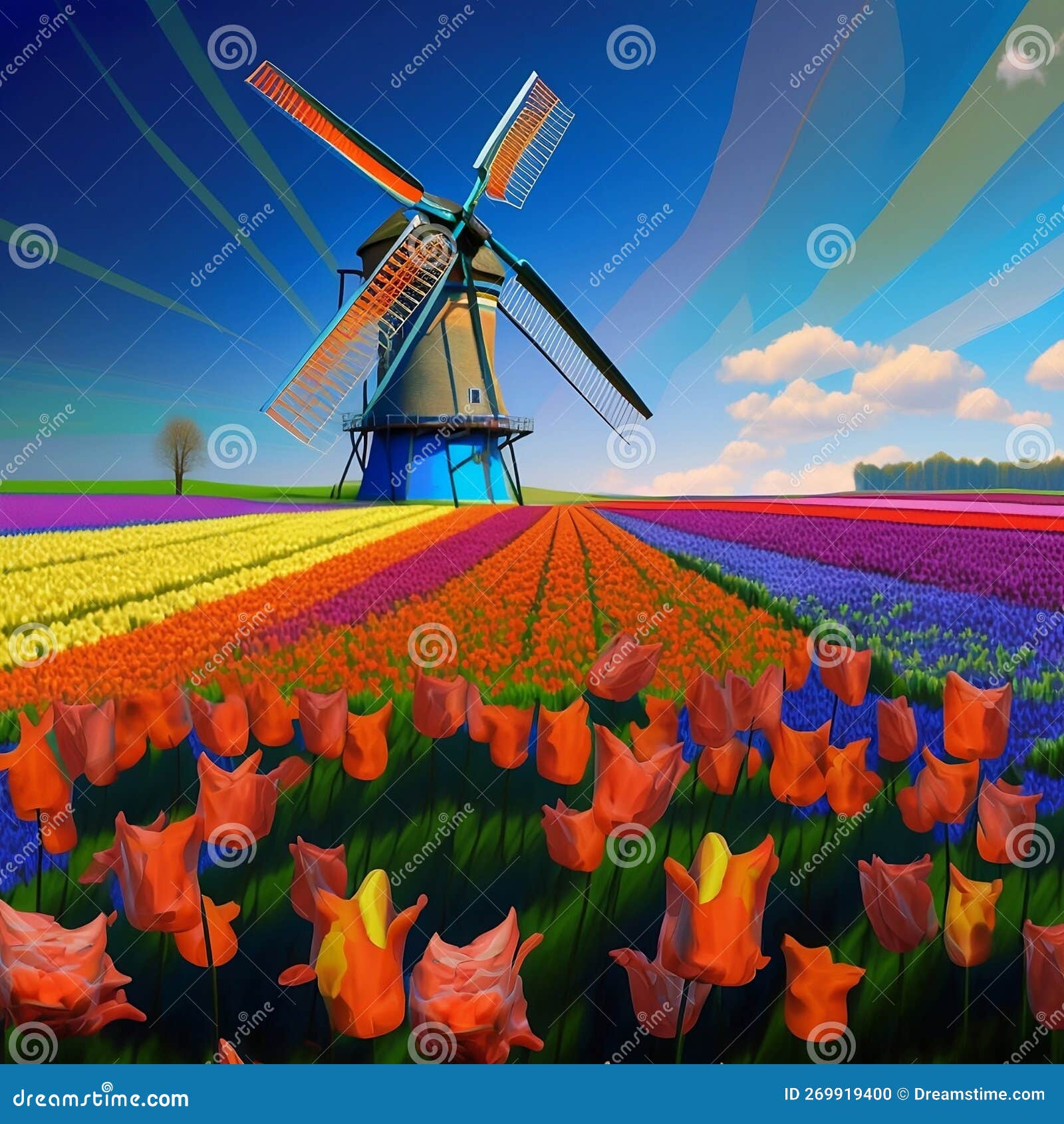 landscape with dutch tulips and windmills