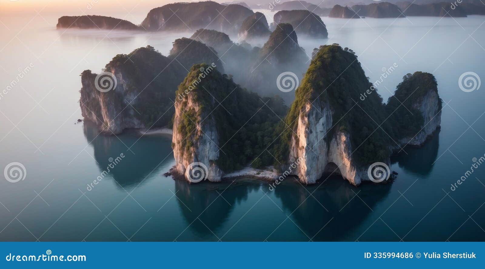 aerial predawn view of the sea bay with karst limestone islets and cliffs in morning fog.