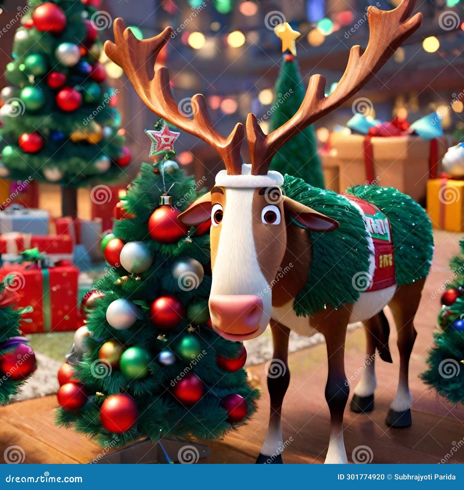 AI Generated Animated Reindeer Celebrating Christmas Alongwith the Tree