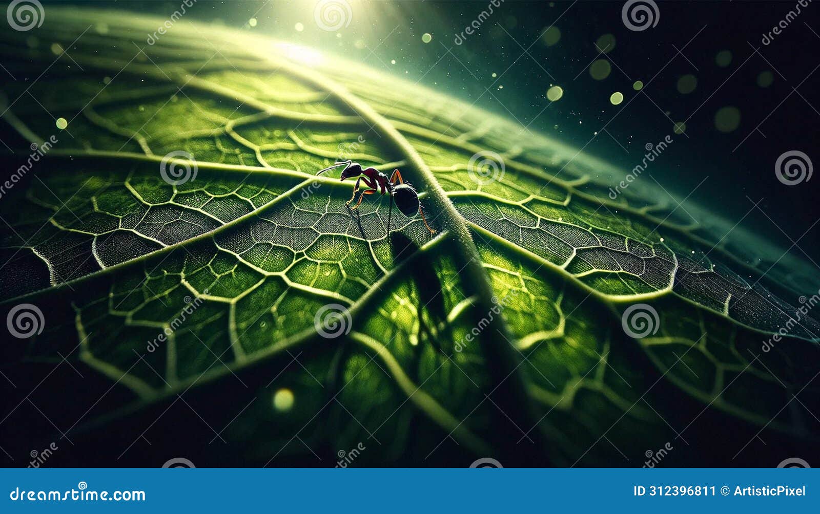 macro series: ant's journey across a leaf. generative ai.