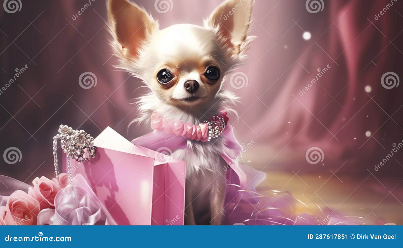 a small chihuahua dog sits next to a pink women's handbag, generative AI  Stock Illustration