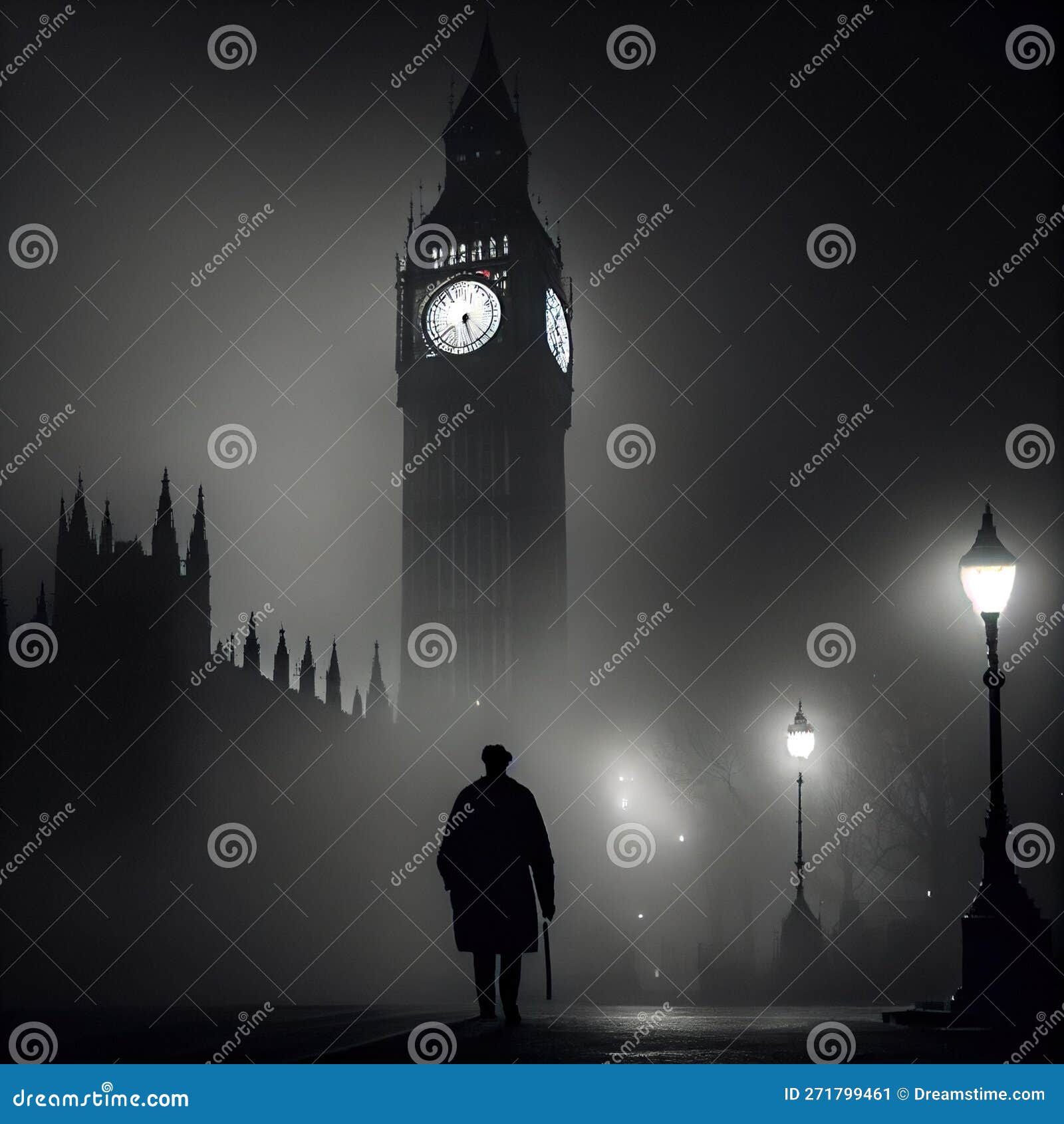 Silhouette of Big Ben Emerging from the Mist Stock Illustration