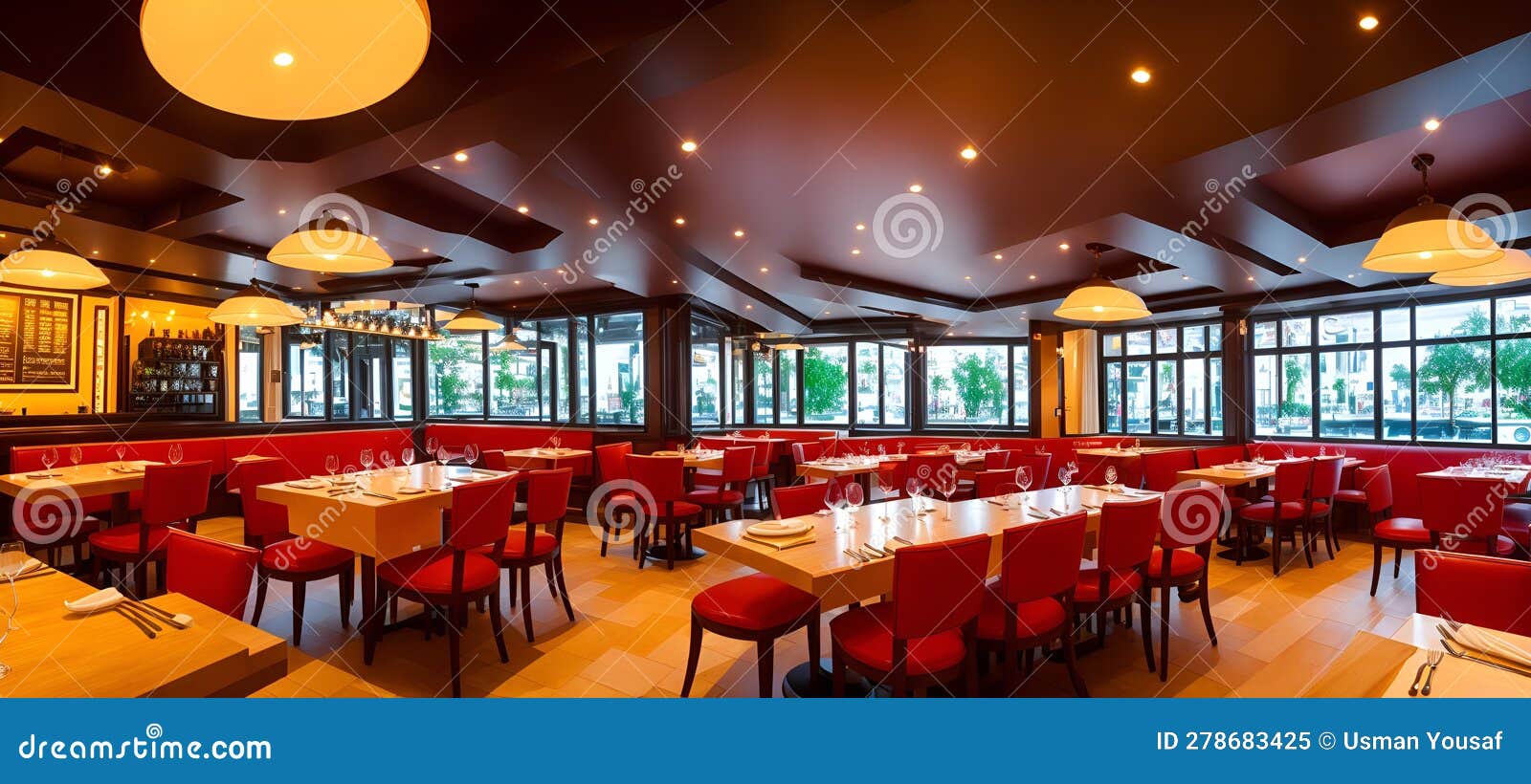 Ai Generated a Bustling Restaurant with Multiple Tables and Chairs Stock Illustration