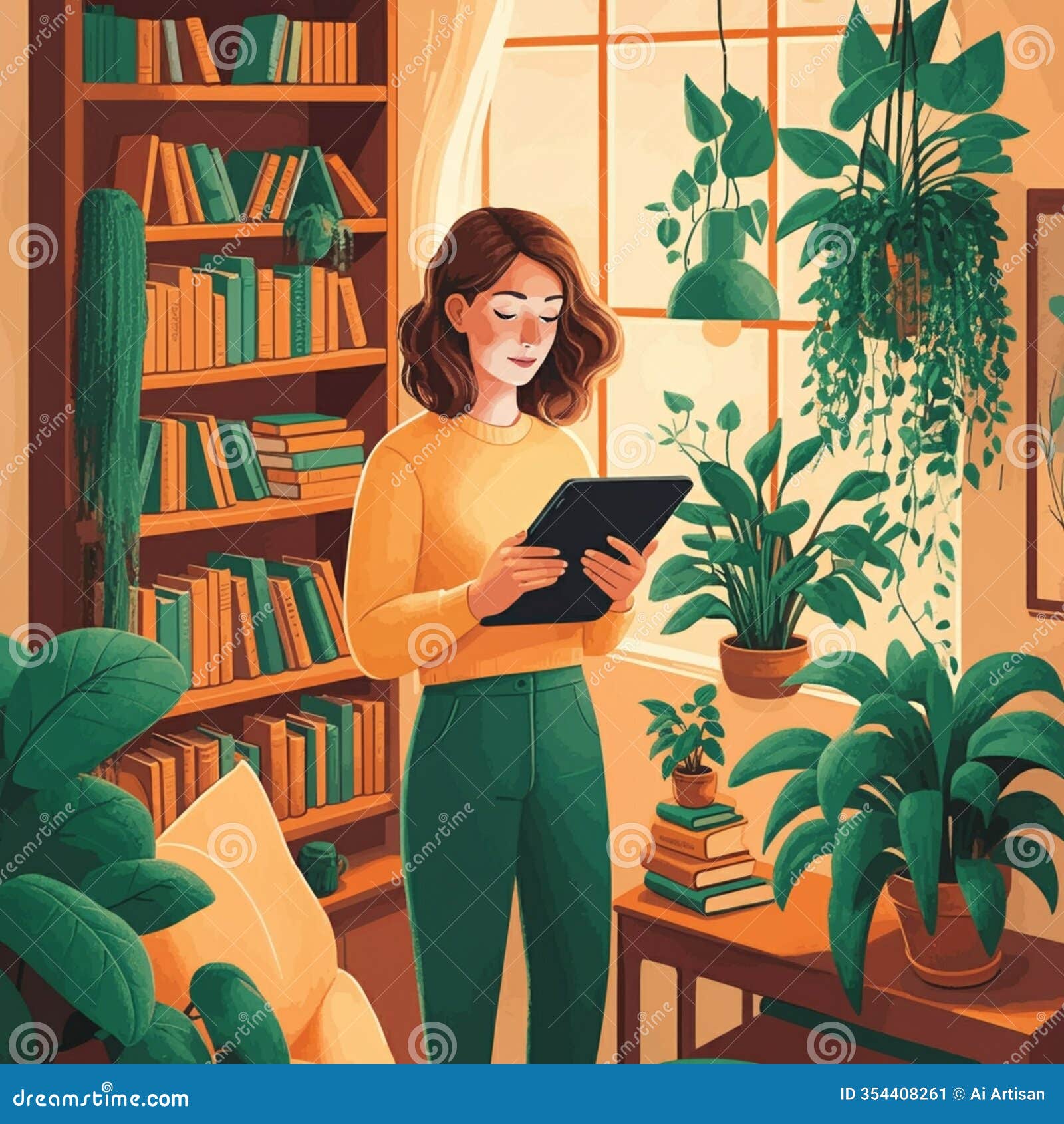 ai-generated cartoon  of person holding tablet in front of bookshelf