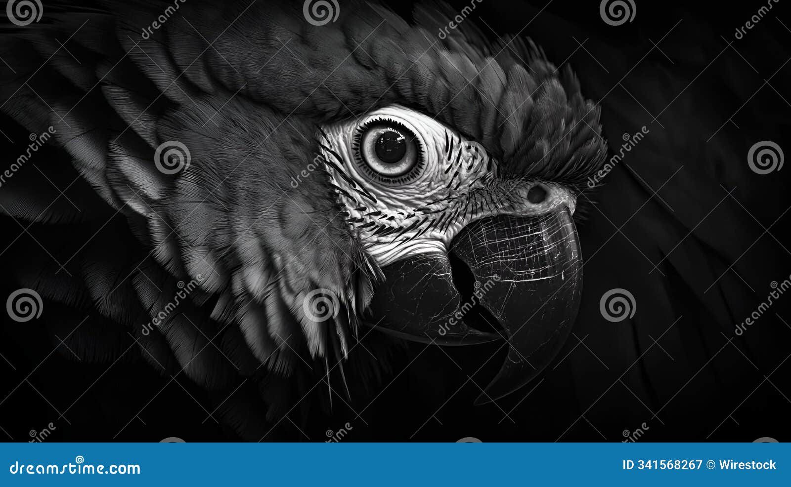 ai-generated close-up of a black and white parrot showing detailed feathers and beak