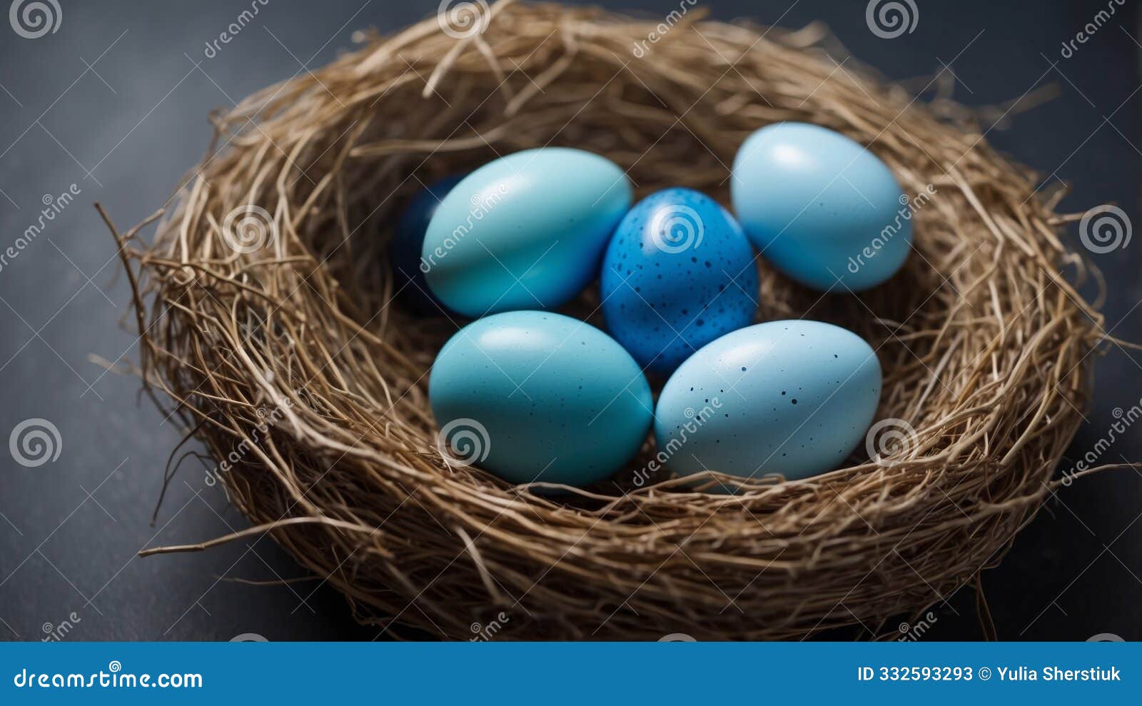 colorful blue eggs in nest easter concept.