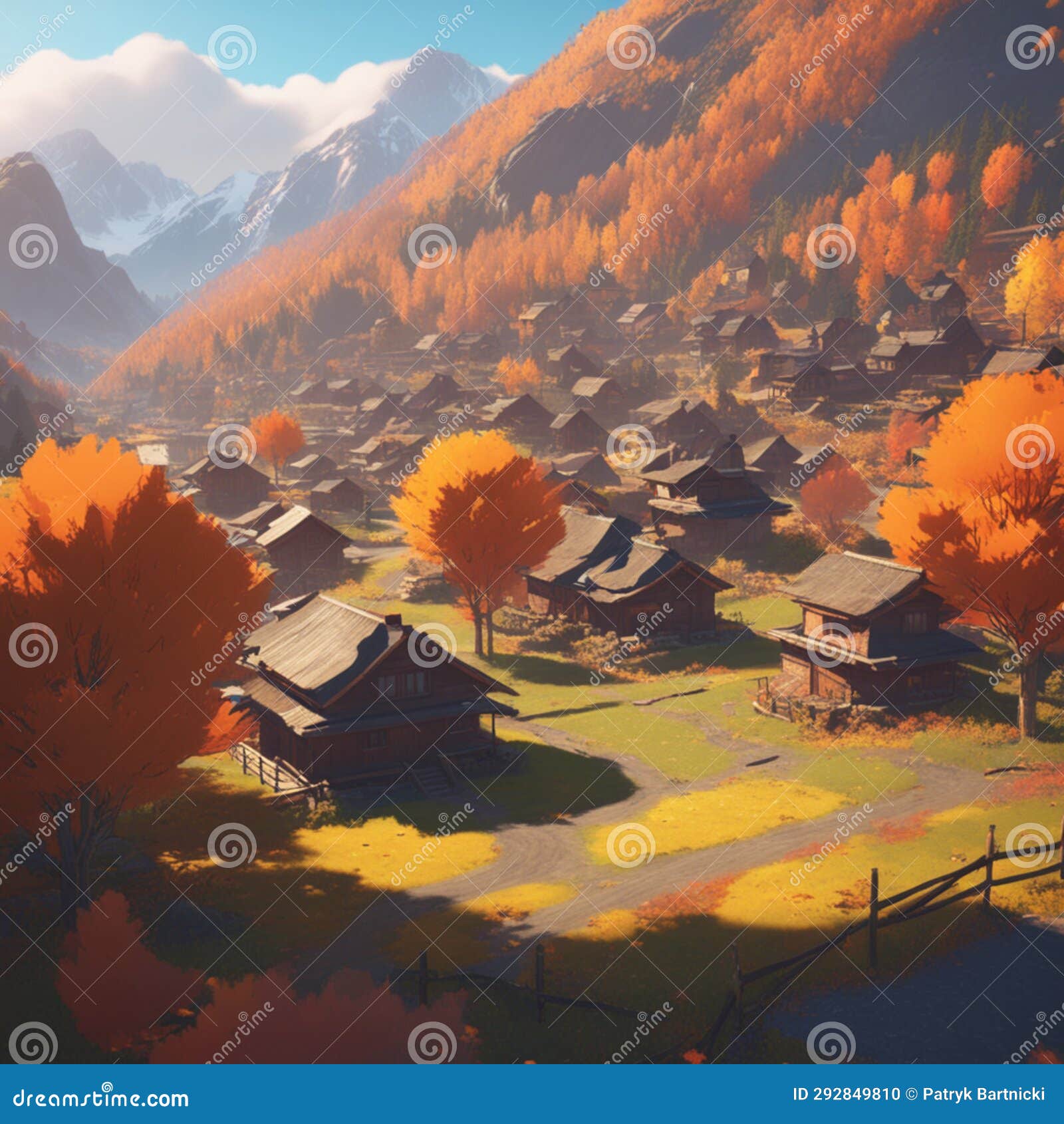 Ai Generated Content. Autumnal Splendor Mountain Village in Fall Stock 