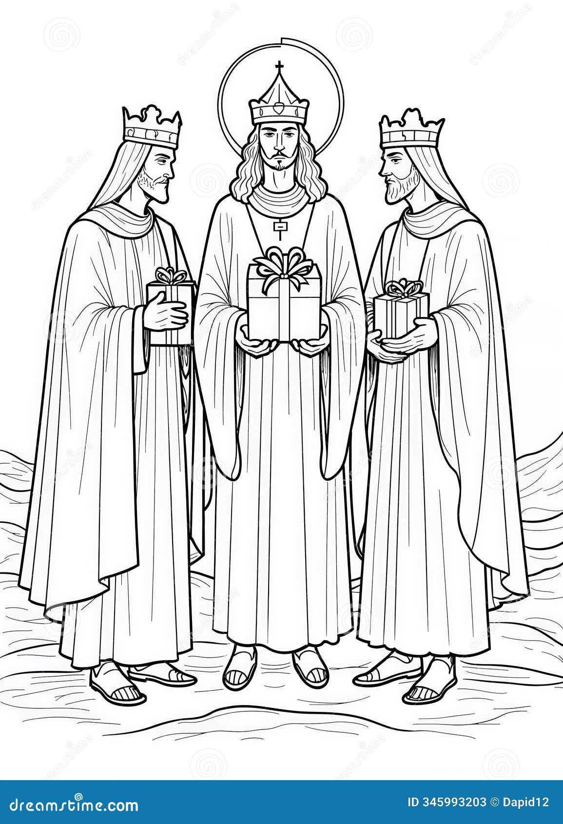 a continous line drawing of three kings with crowns on their heads and offering a gift