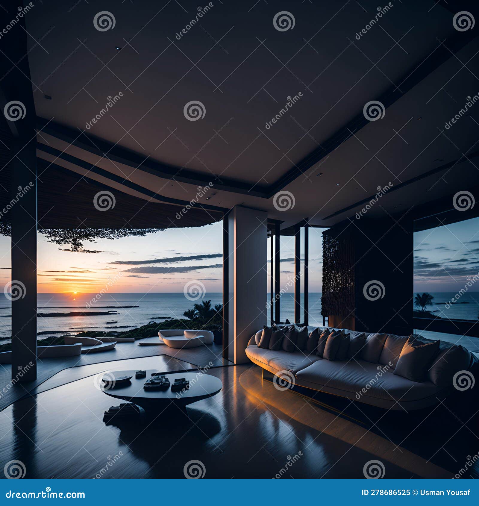 Ai Generated a Cozy Living Room with Ocean View Stock Illustration ...
