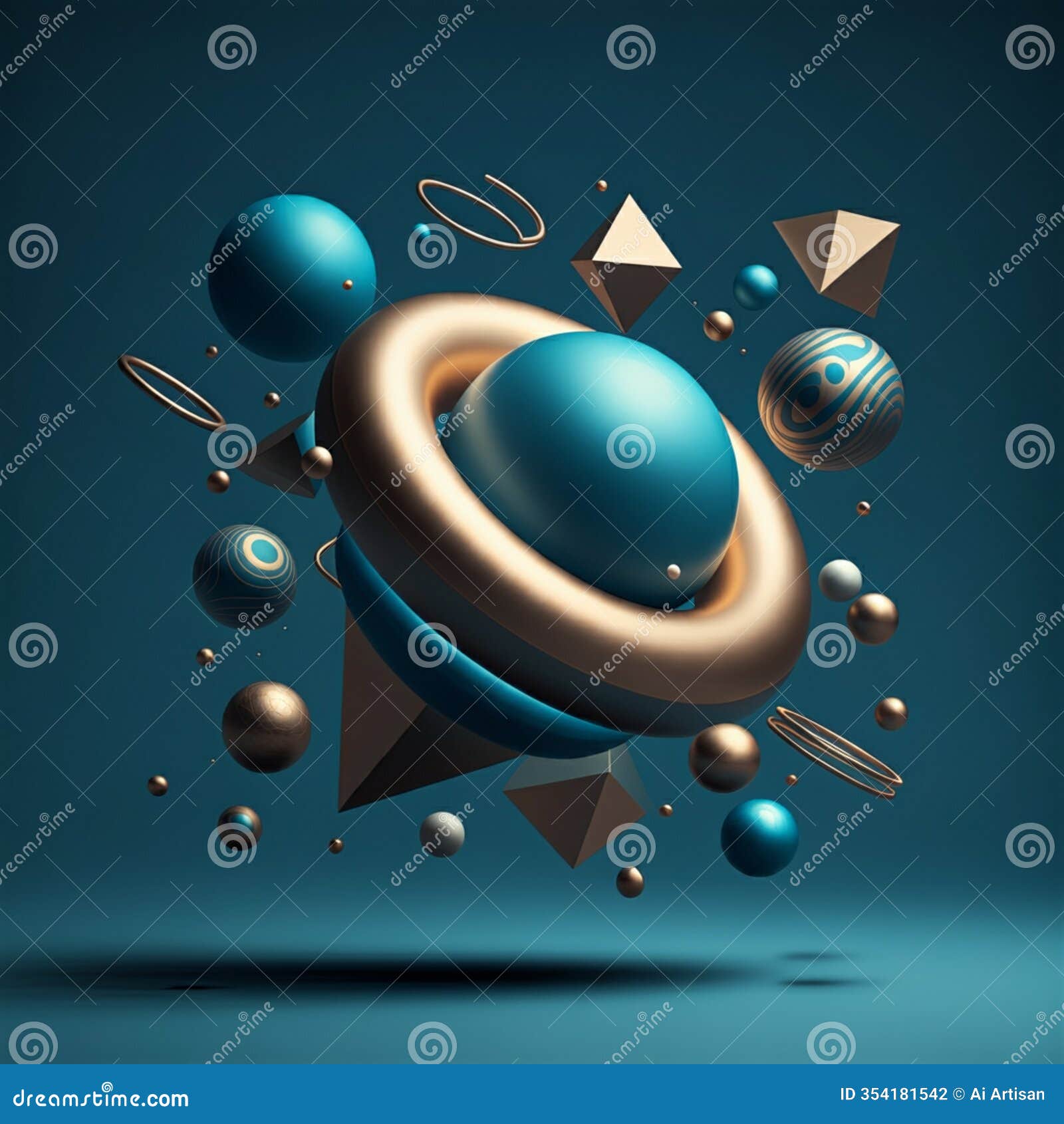 ai-generated 3d  of blue cube with gold and blue orbs