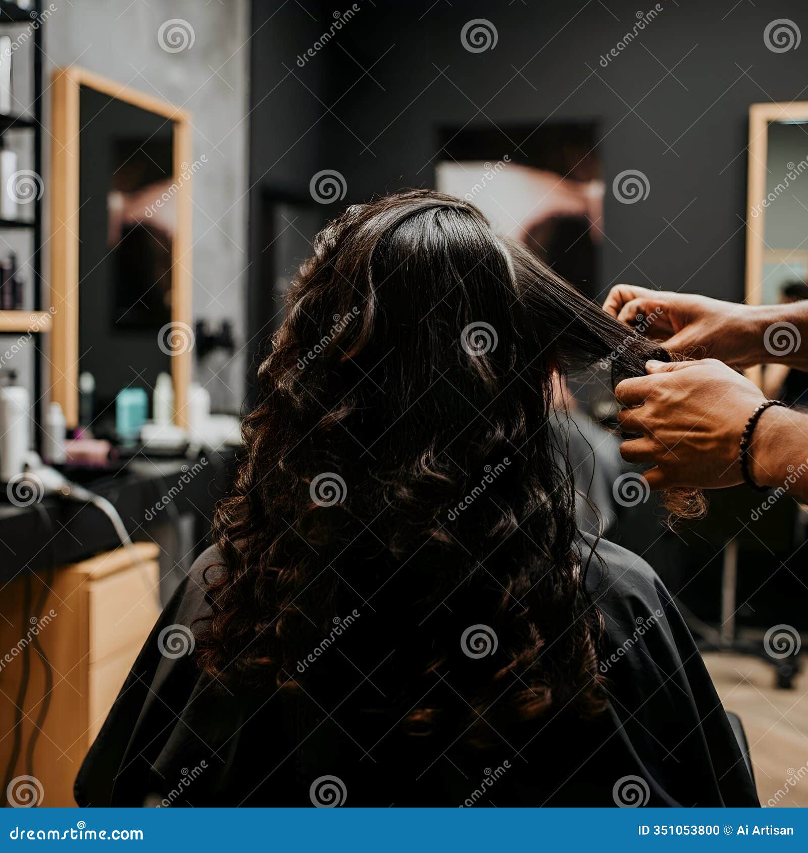 ai generated: dark curly hair being styled at a salon