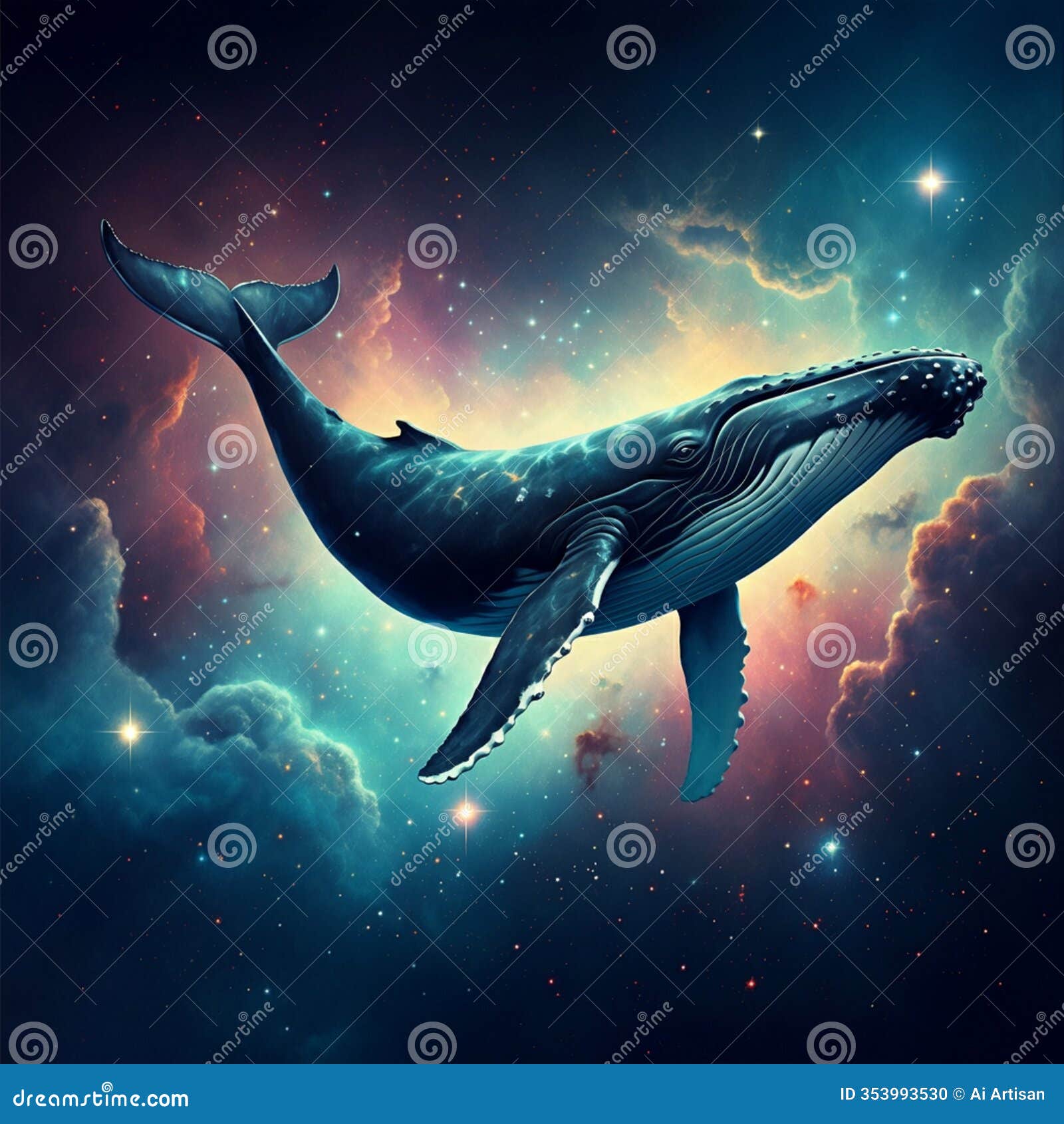 ai-generated digital art of a humpback whale swimming through a nebula