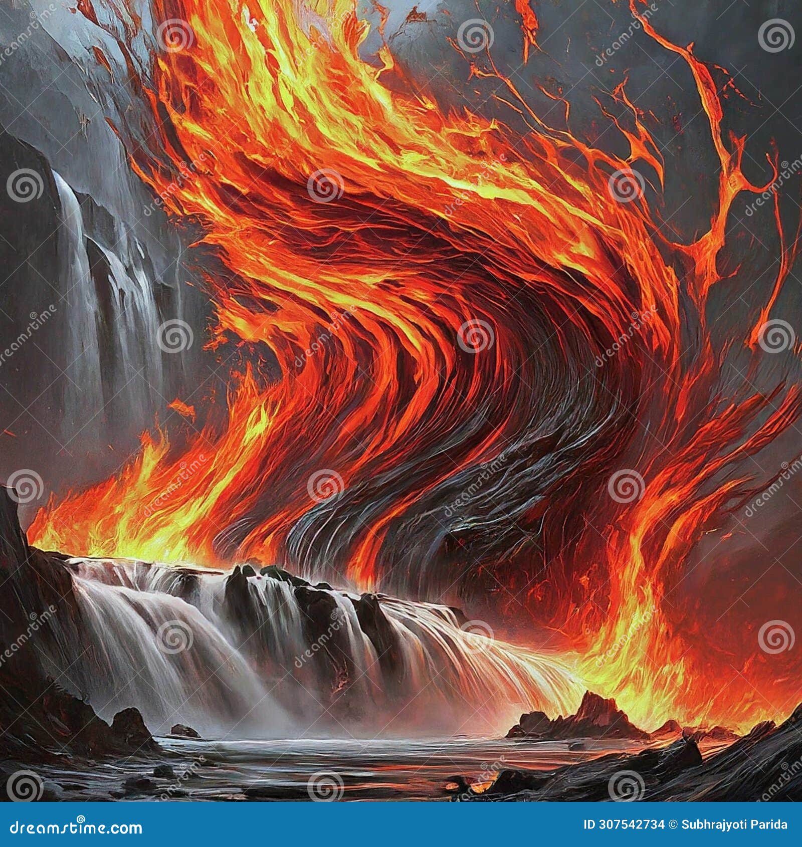ai generated flames of fire rising huge in the midst of waterfalls