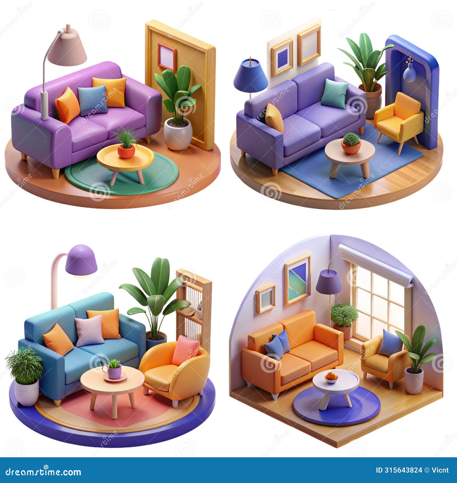 ai generated flat colors four different living room sets.