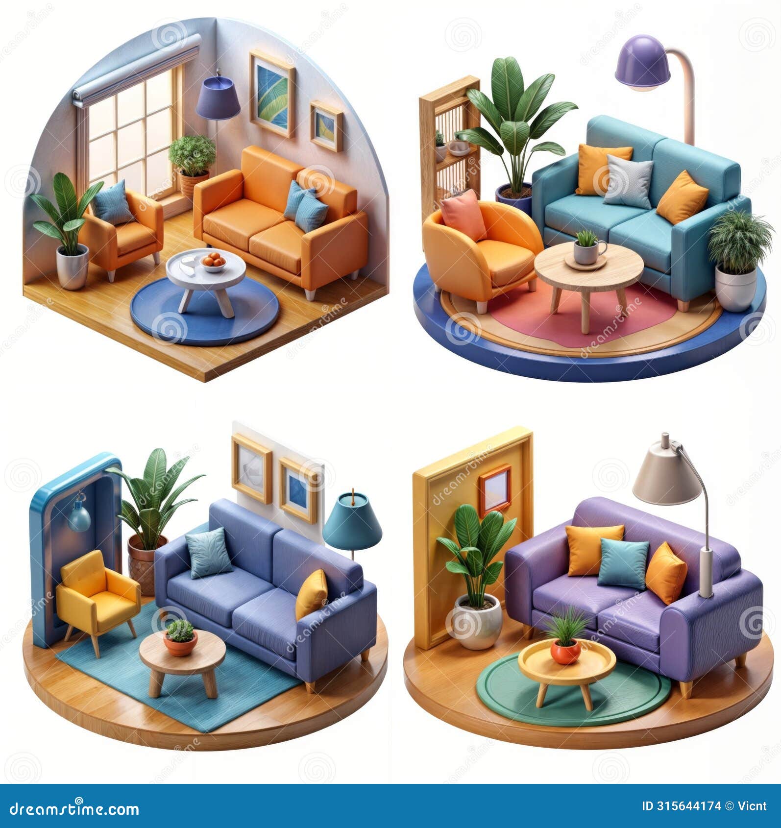 ai generated flat colors four different living room sets.