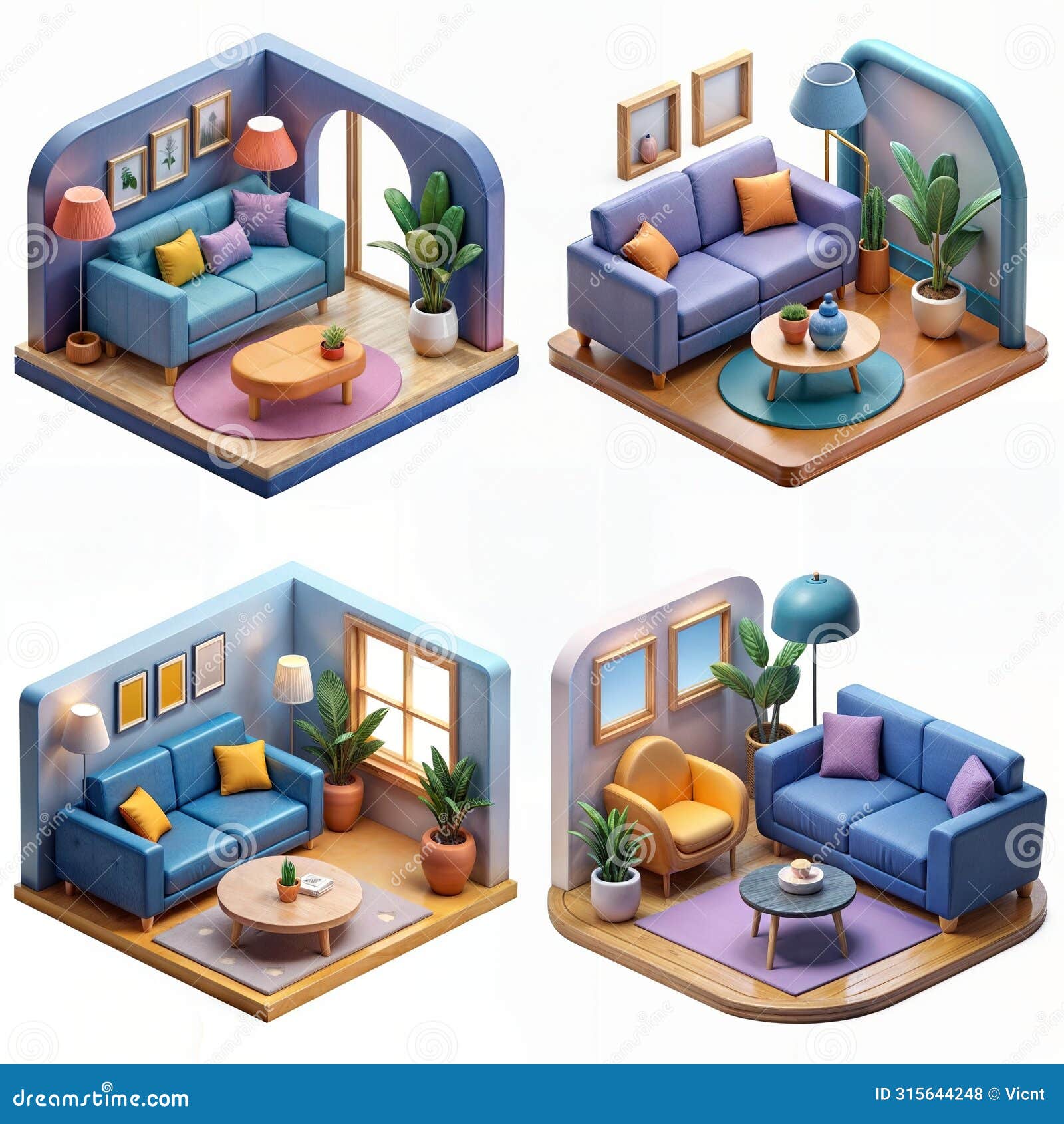 ai generated flat colors four different living room sets.