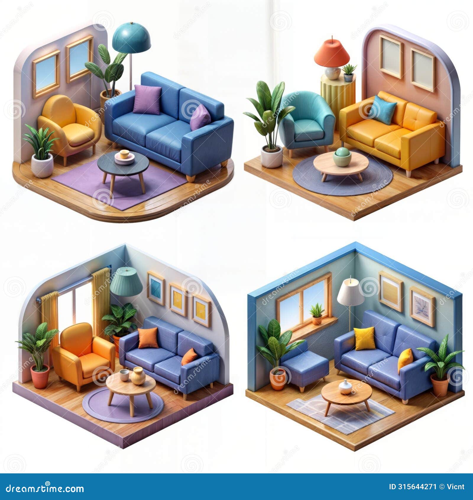 ai generated flat colors four different living room sets.