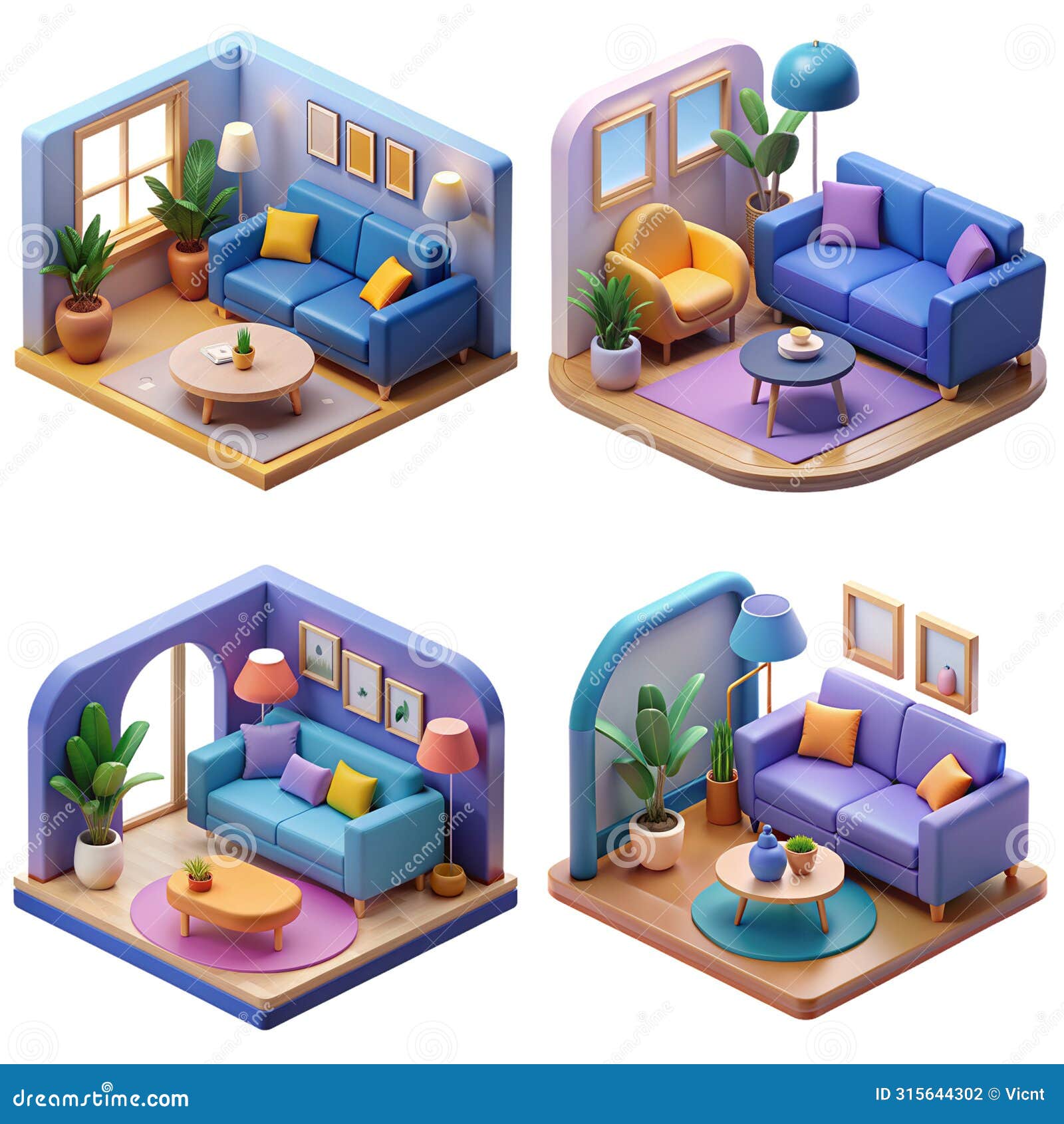 ai generated flat colors four different living room sets.