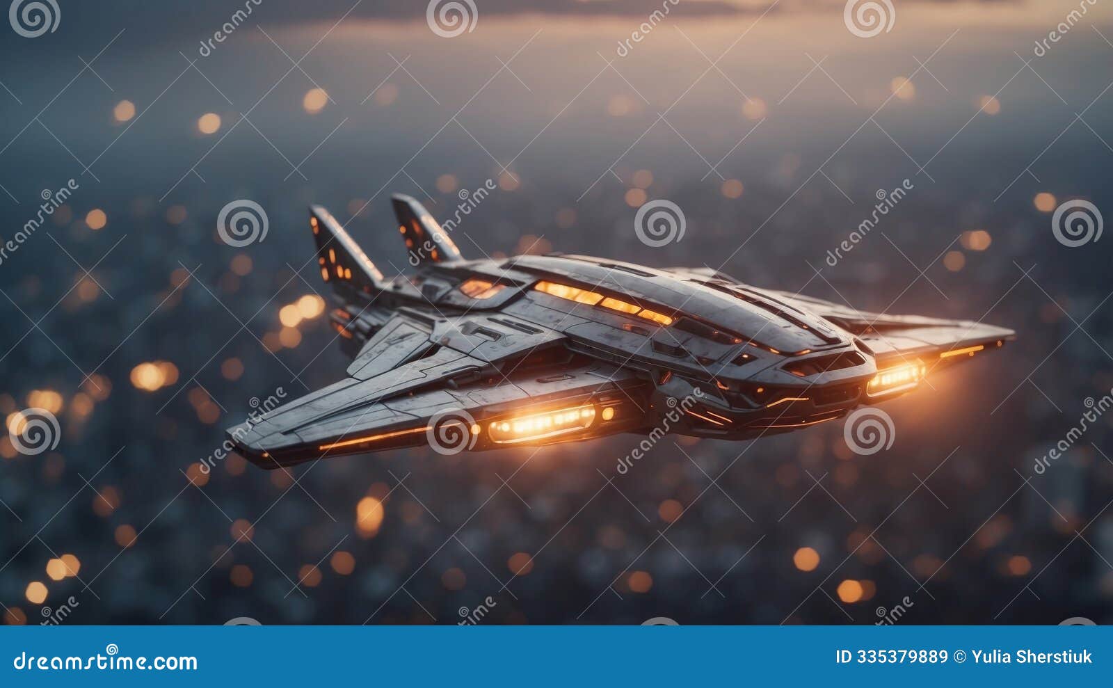 futuristic spaceship flying over a cloudy cityscape.