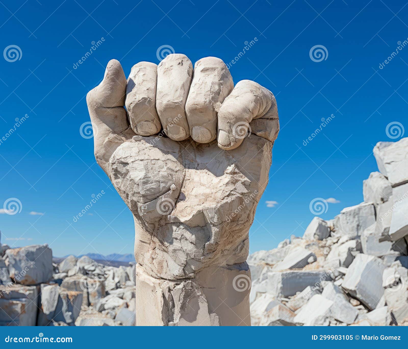 ai generated a giant hand with clenched fist carved in the rock in a quarry