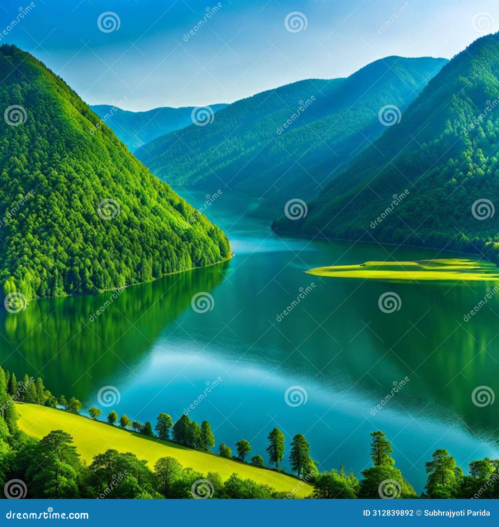 ai generated green landscape consisting of hills, trees, meadows and a river meandering through the valleys