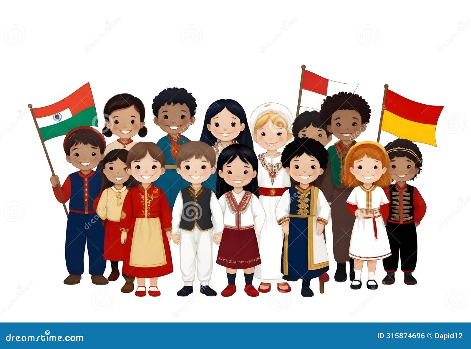 a group of children pose for a picture with national flags and dressed in traditional costumes