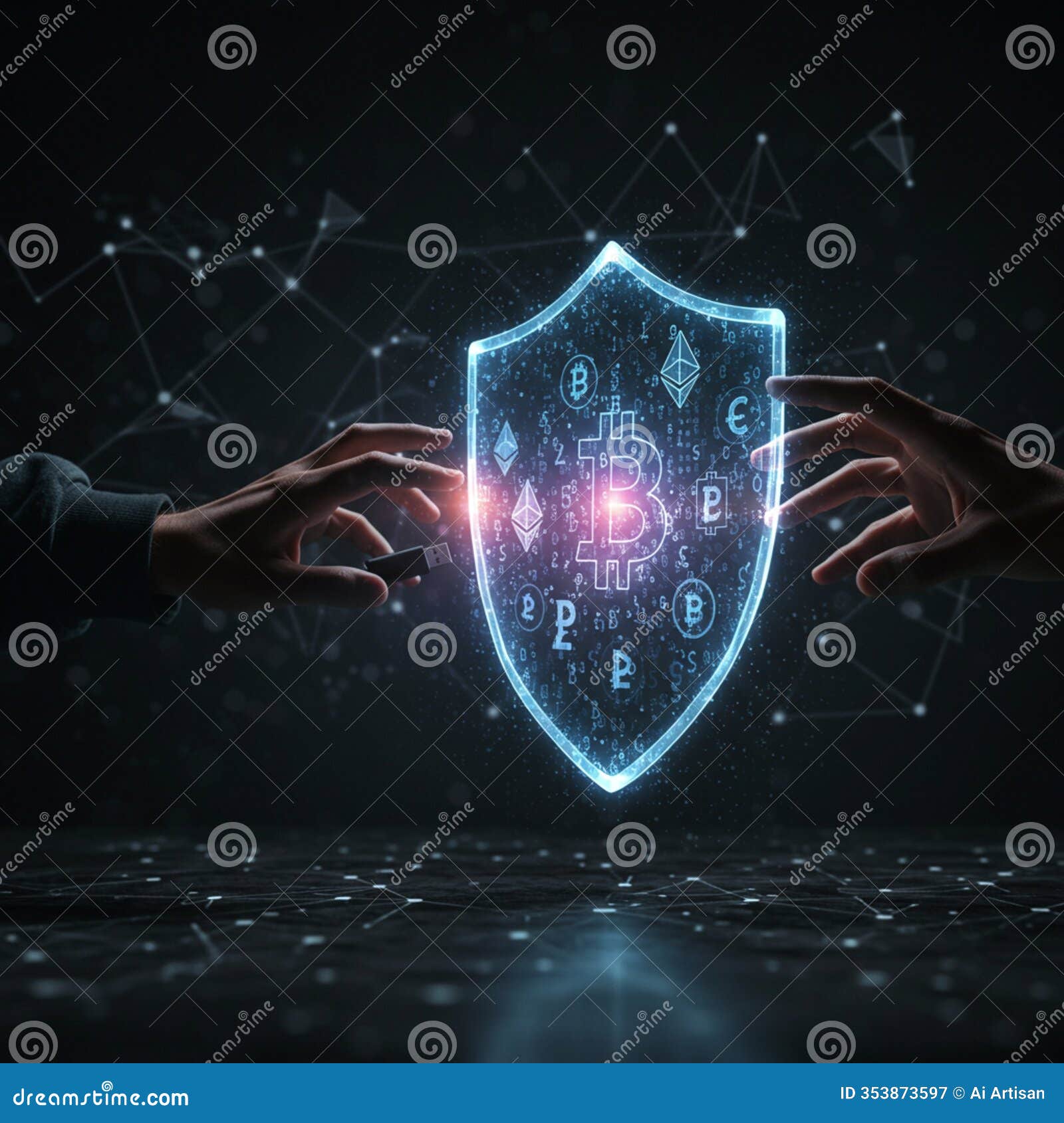 ai generated hands reaching for glowing cryptocurrency shield