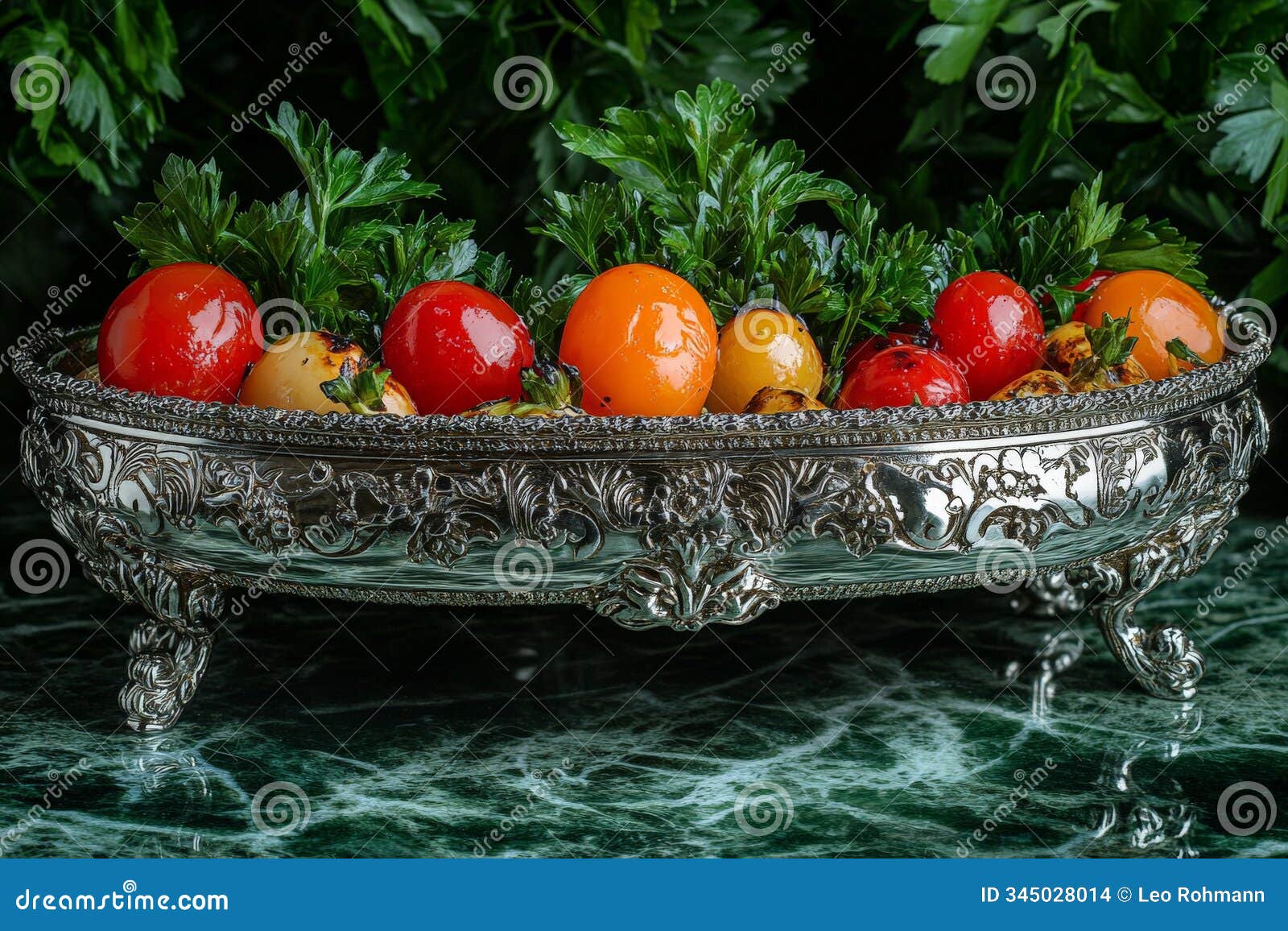 vintage silver fruit bowl filled with fresh cherry tomatoes and parsley on a dark green marble surface creating an elegant and