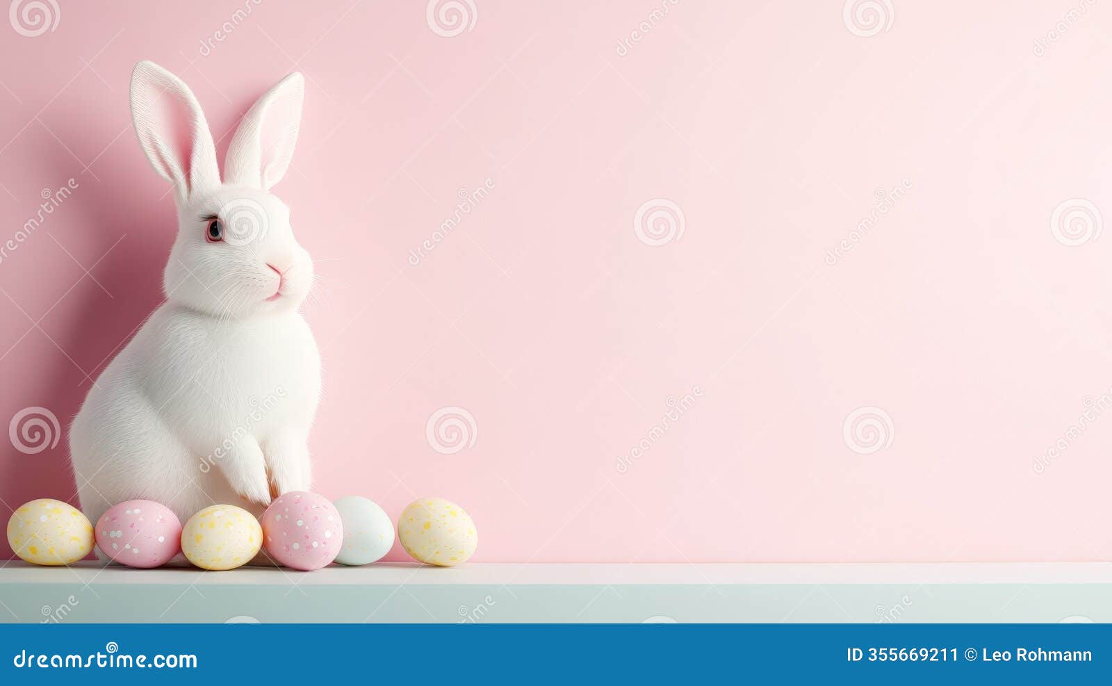 minimalist composition of a white rabbit with pastel easter eggs on a soft pink background, emphasizing modern spring celebrati