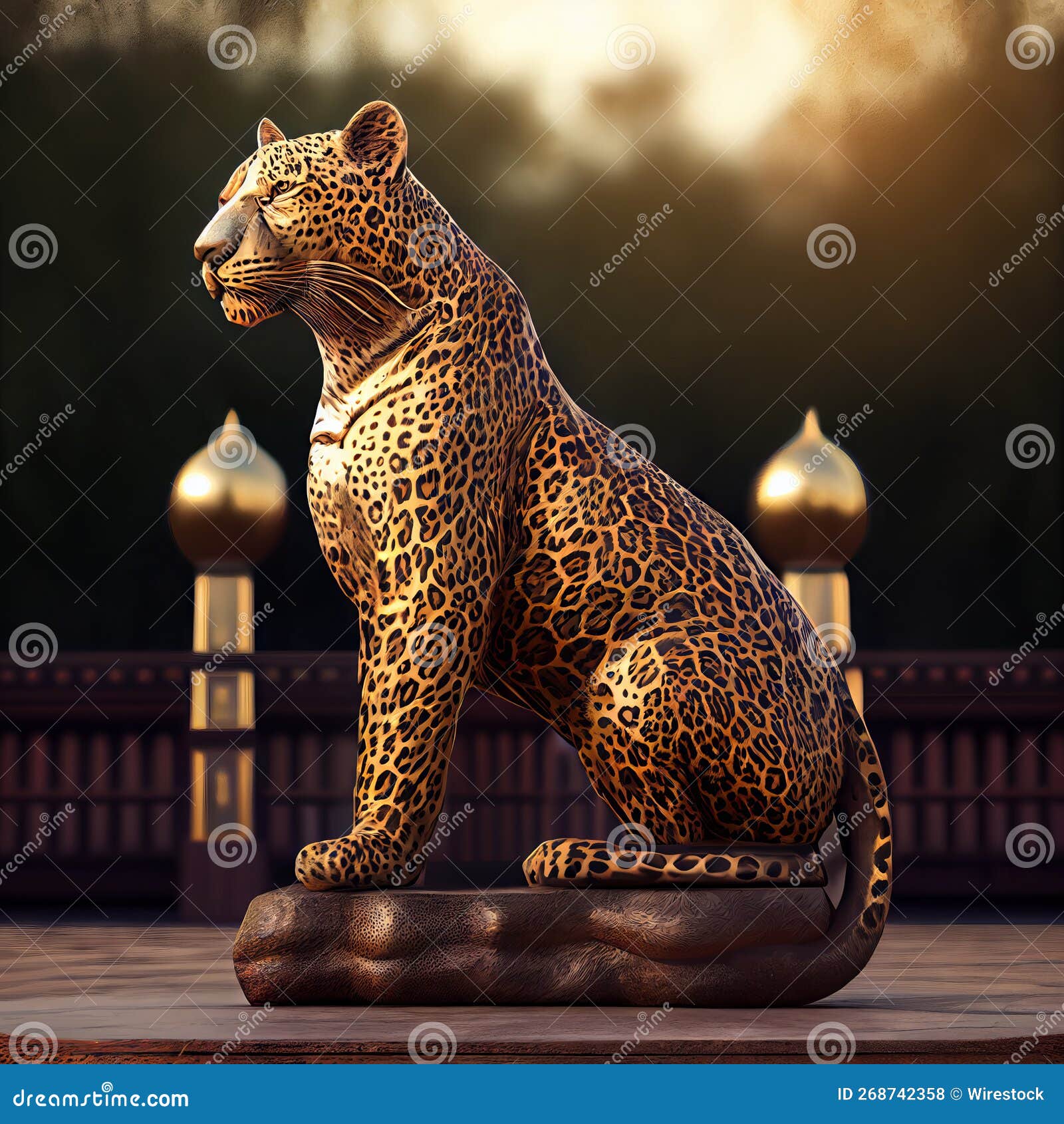 AI Generated Illustration of Beautiful Leopard Statue on Background of Gate  with Golden Towers Stock Illustration - Illustration of closeup, statue:  268742358
