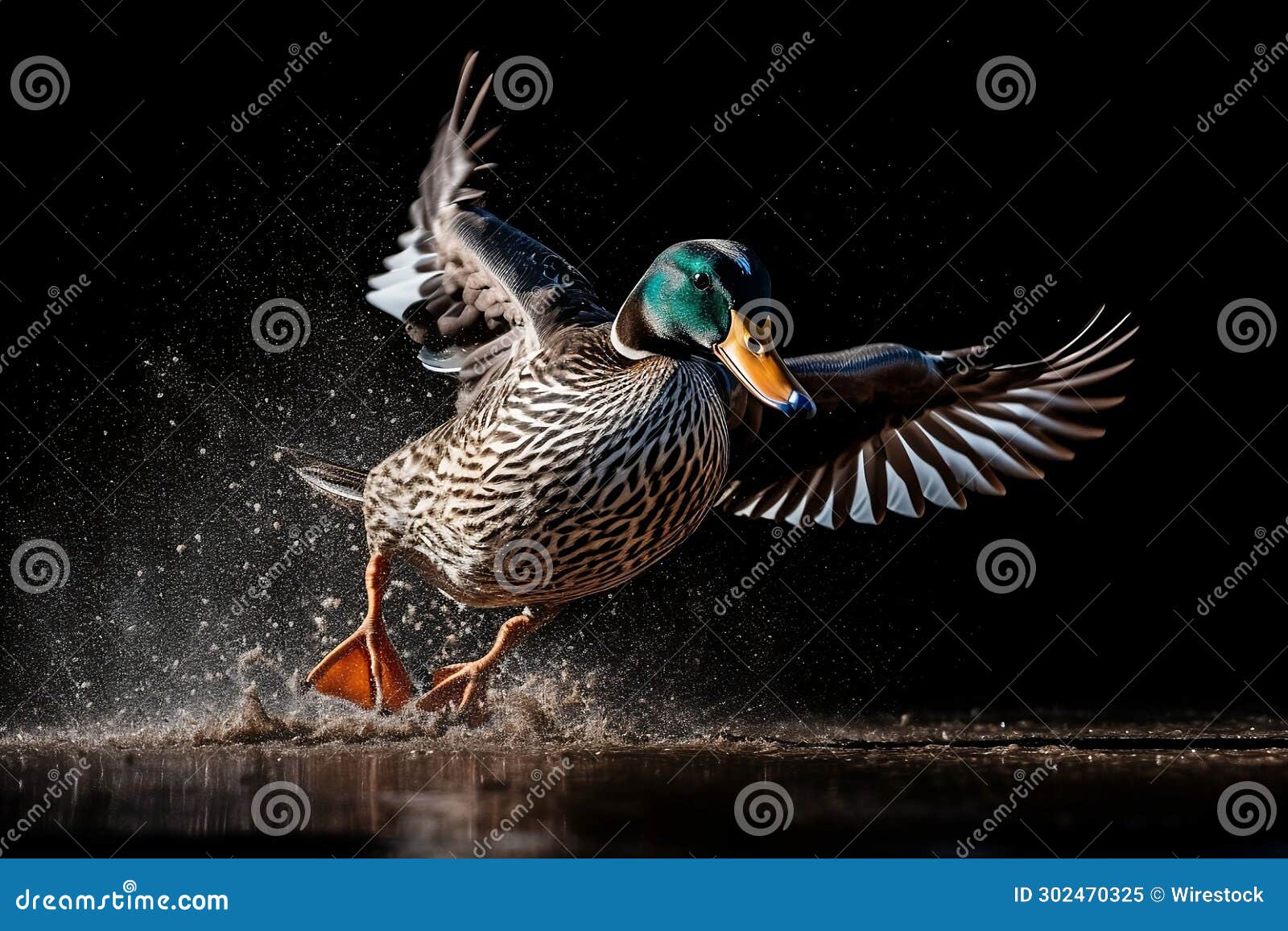 ai generated illustration beautiful mallard duck standing still waters lake wings outstretched majestic pose 302470325