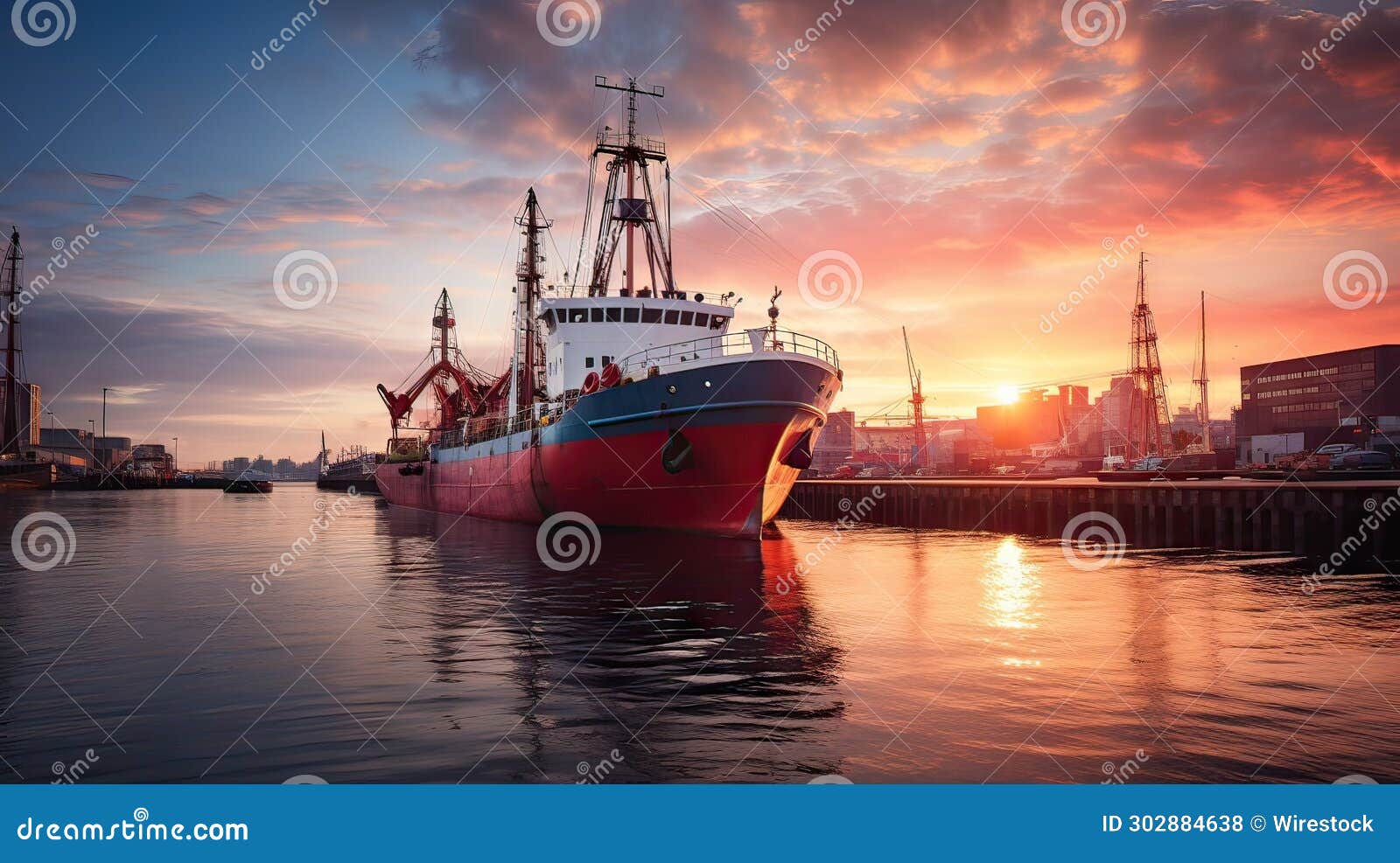 ai generated  of a beautiful red-tinged sky provides the backdrop for a tranquil harbor
