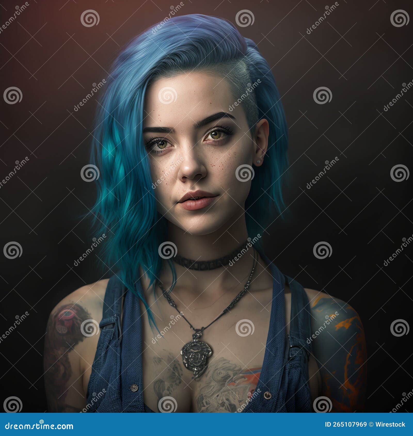 AI Generated Illustration of a Blue Haired Edgy Looking Woman Stock