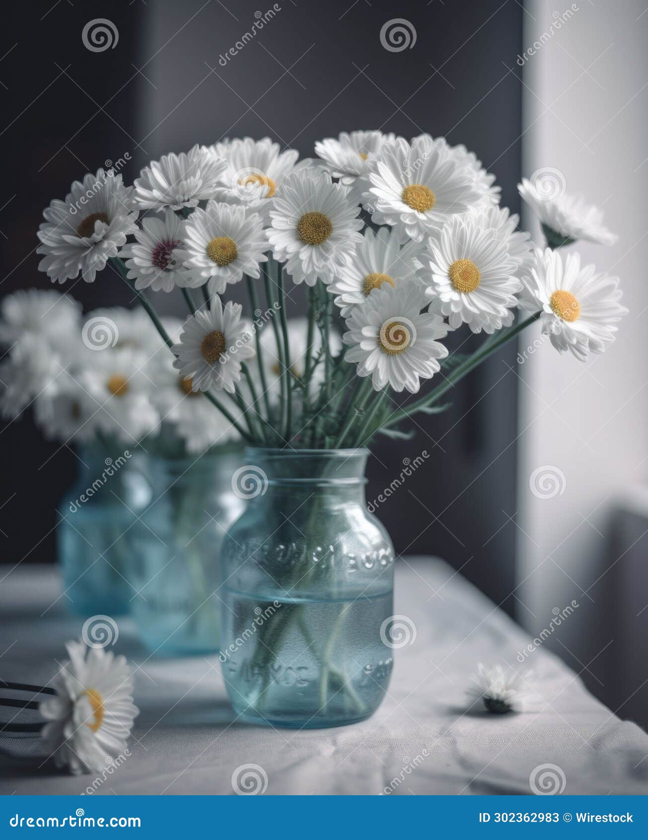 several small mason jars on a table with white daisies