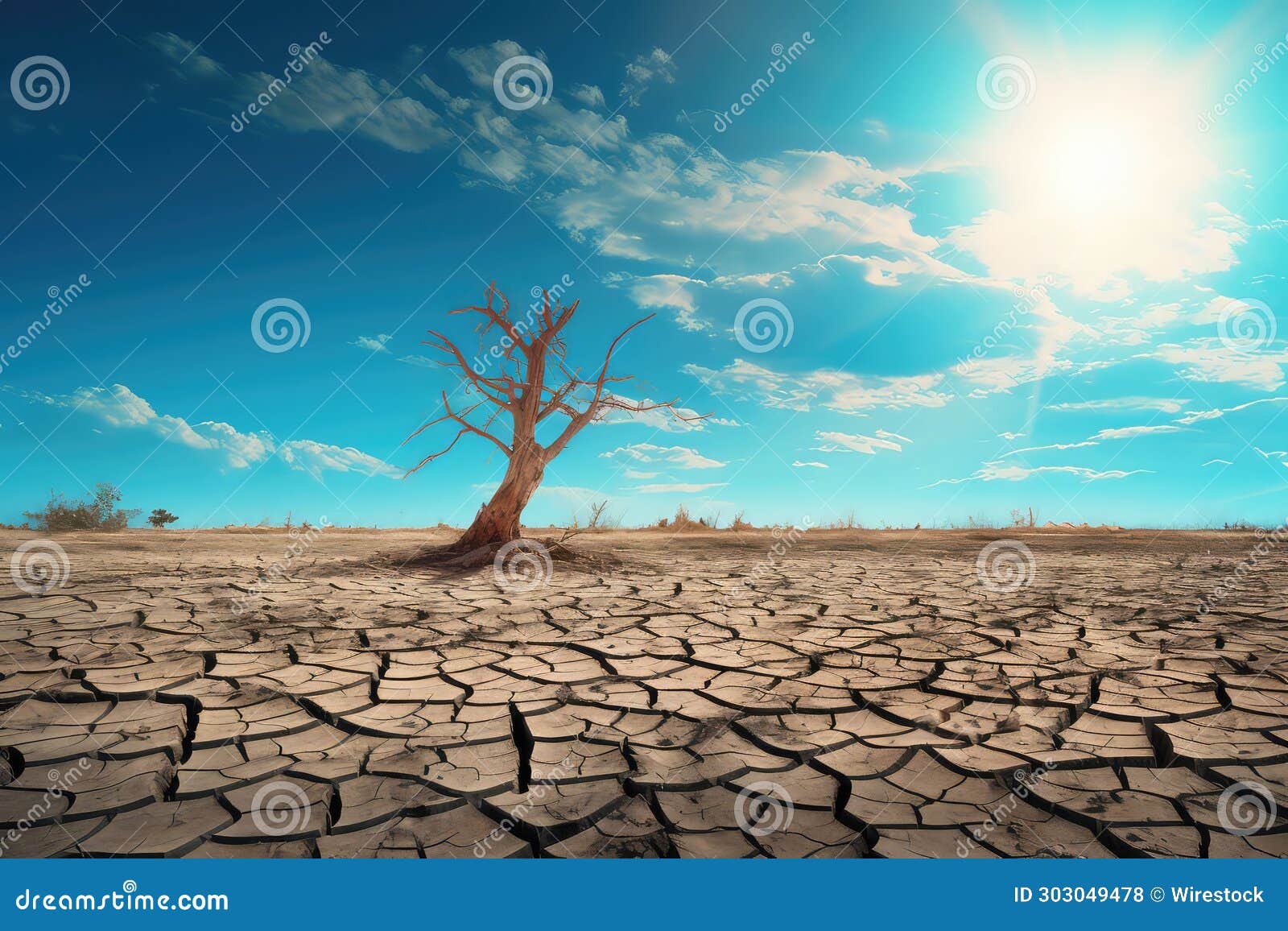 The Dry Land and a Lone Tree with Clouds in the Sky Stock Illustration
