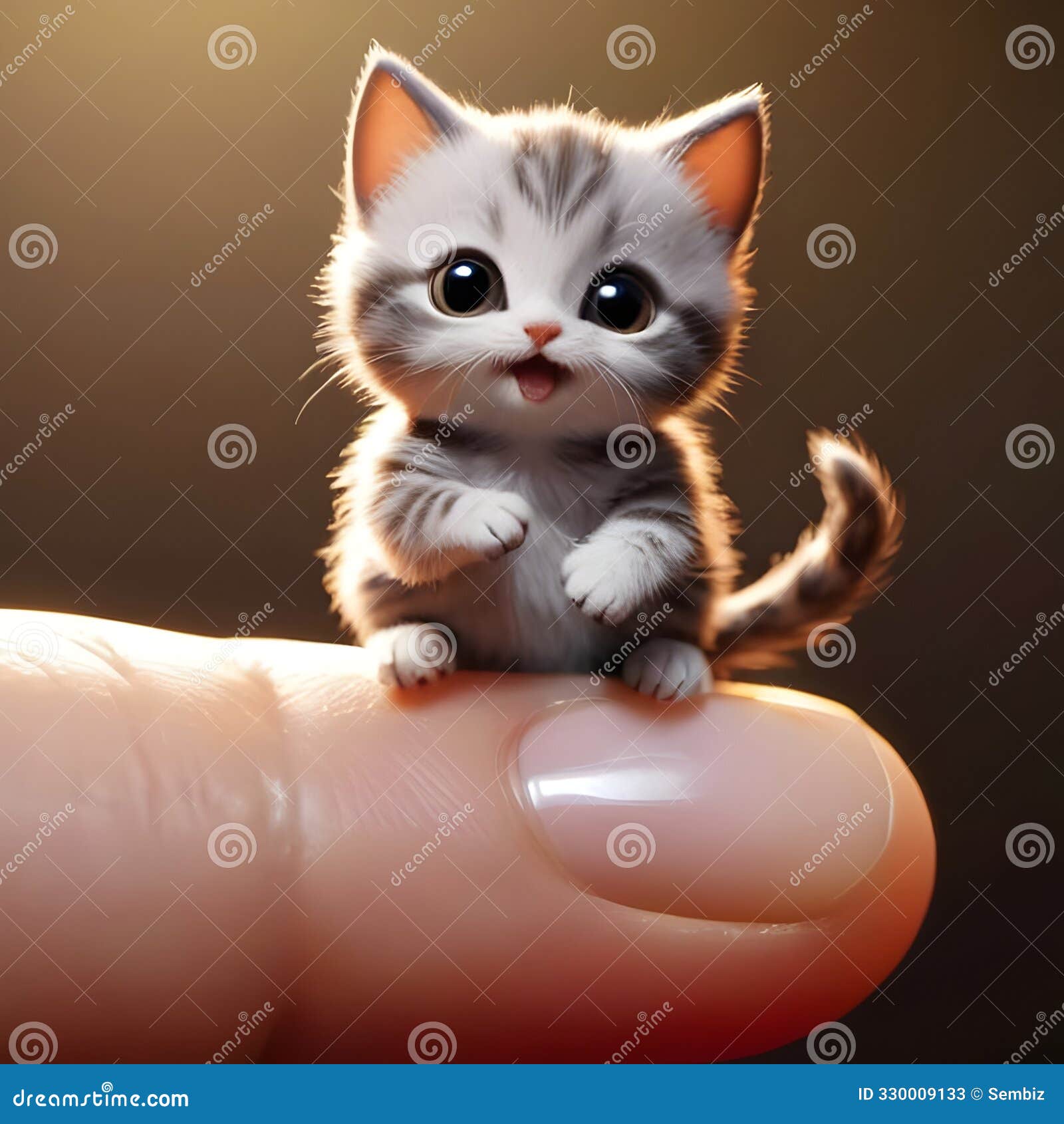 small kitten with funny look, meme creation, kitten on finger