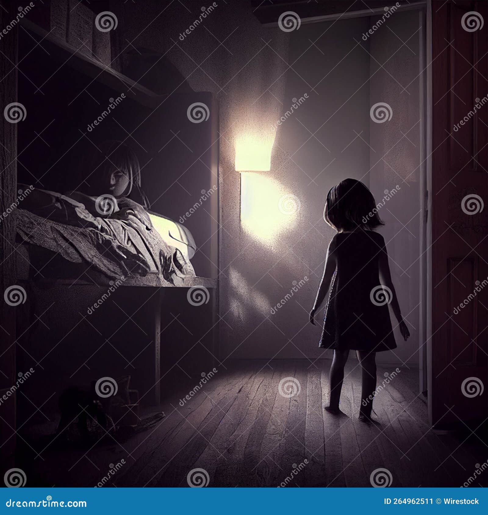 AI Generated Illustration of a Frightened Child in the Dark Bedroom ...