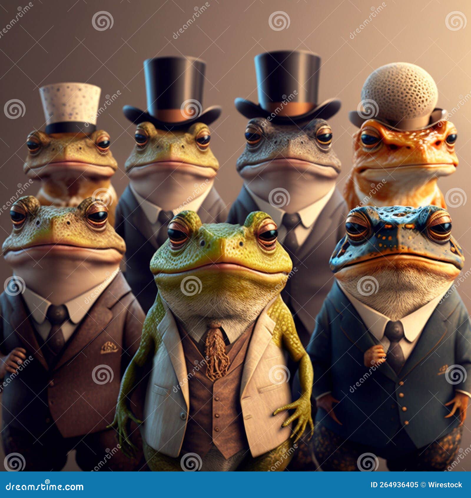 AI Generated Illustration of Frogs Wearing Suits and Hats Stock