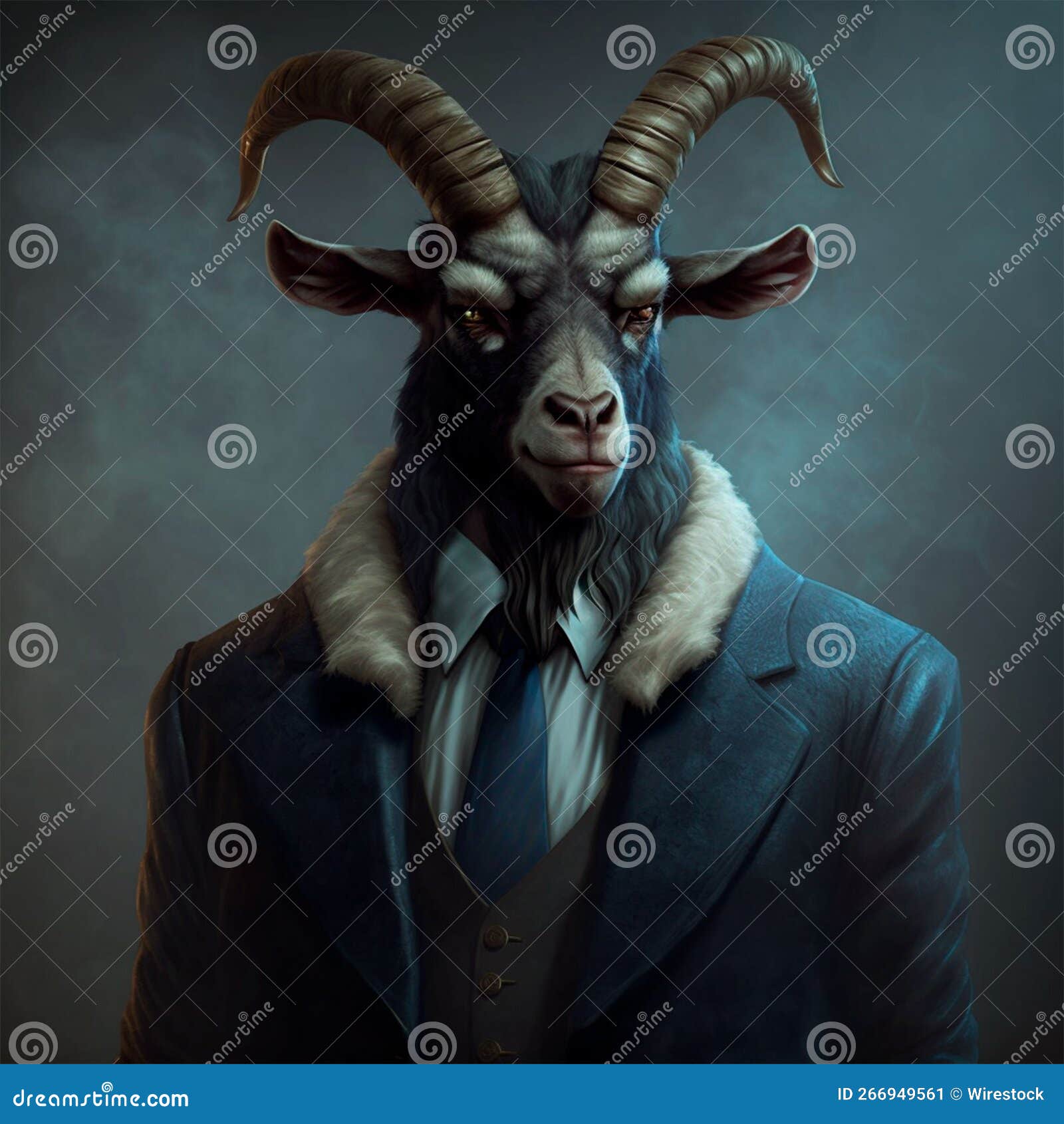 AI Generated Illustration of a Goat in a Suit on a Gray Smokey Background  Stock Illustration - Illustration of creature, portrait: 266949561