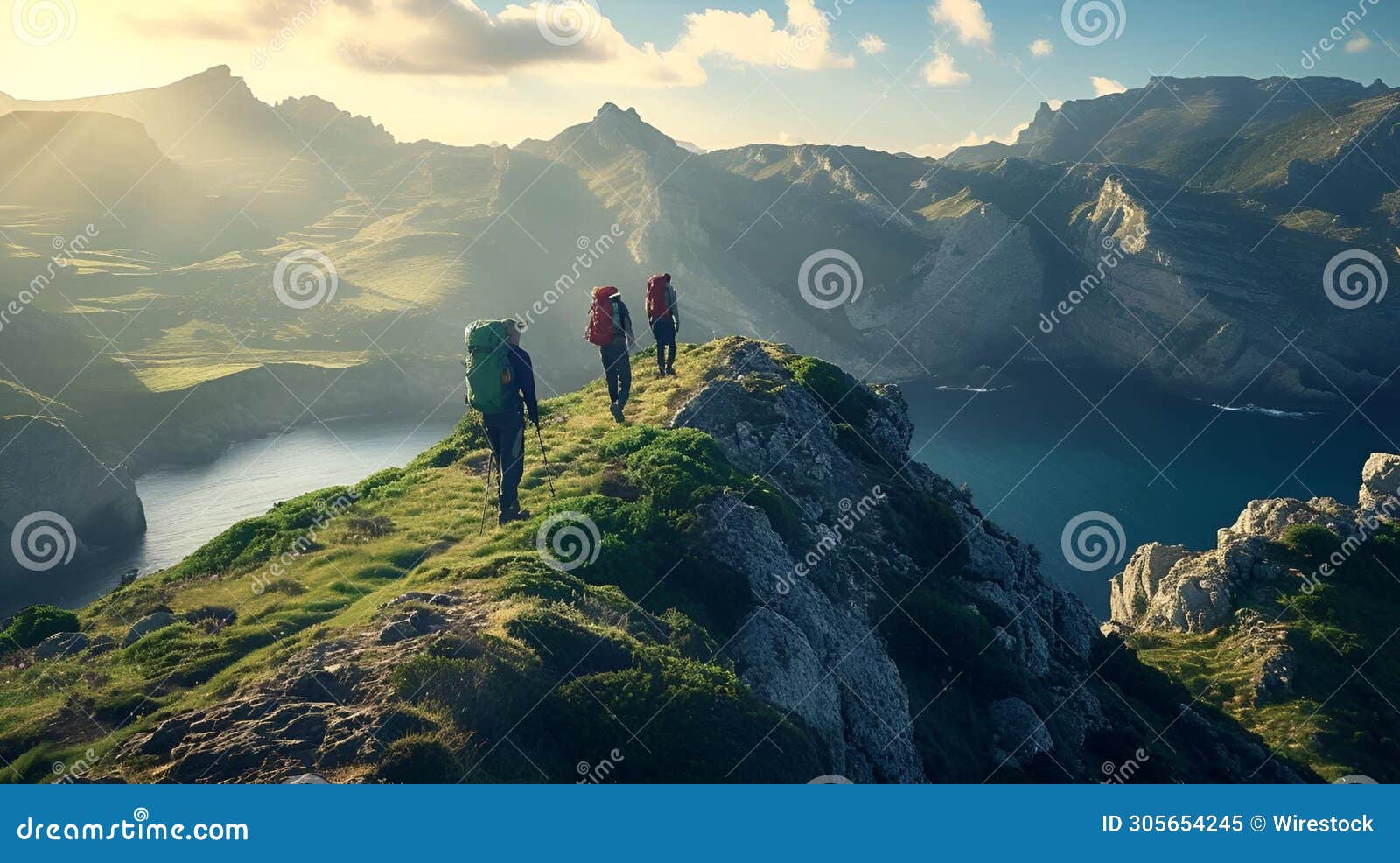 ai generated  of hikers trekking up a rugged mountain with a scenic water view