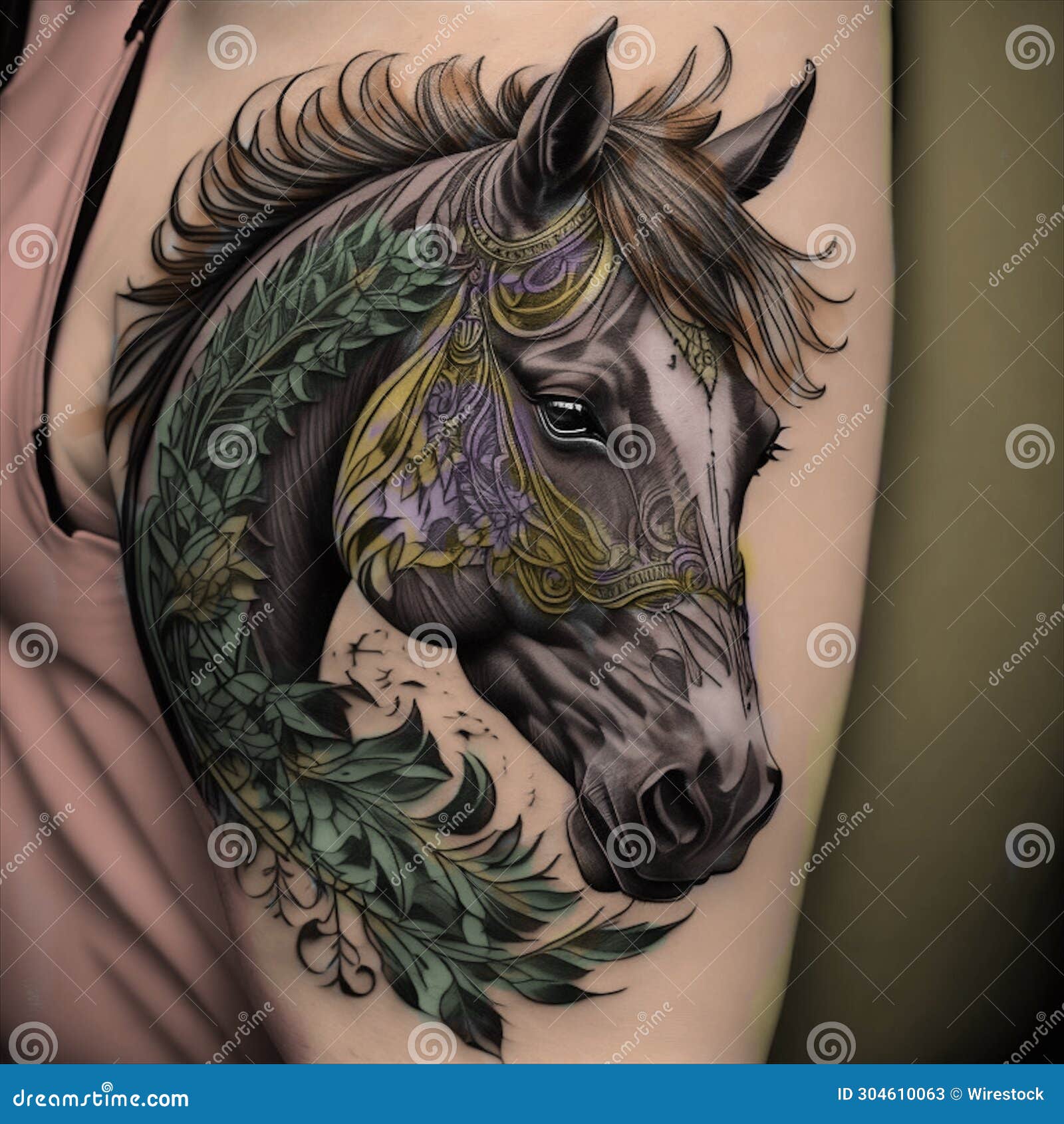 ai generated  of a horse head with beautiful floral wings, ideal for tattoo coverup