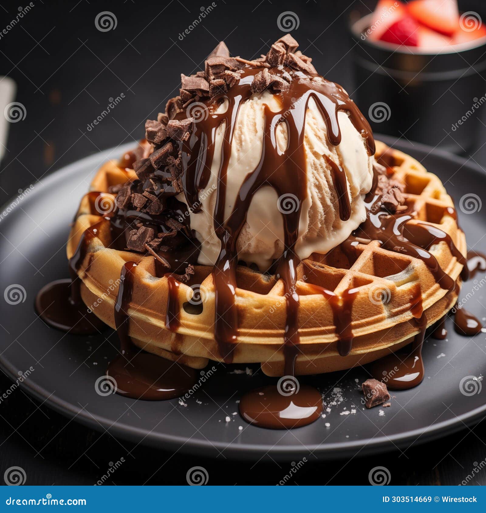 the waffle has chocolate syrup drizzles on top